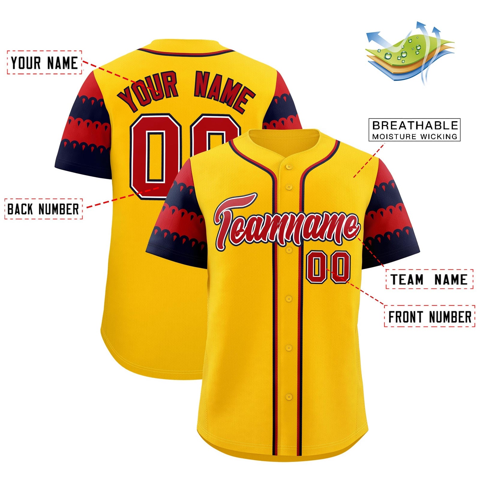Custom Gold Navy Red Sleeve Flag Lace Baseball Jersey | Sublimation Printed & Embroidery,Add Name and Numbern,Perfect for Teams | KXKSHOP