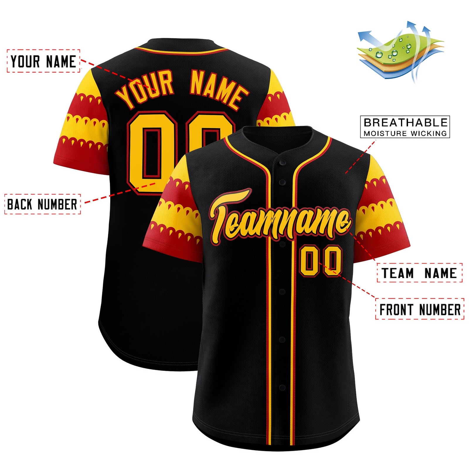 Custom Black Gold Red Sleeve Flag Lace Baseball Jersey | Sublimation Printed & Embroidery,Add Name and Numbern,Perfect for Teams | KXKSHOP