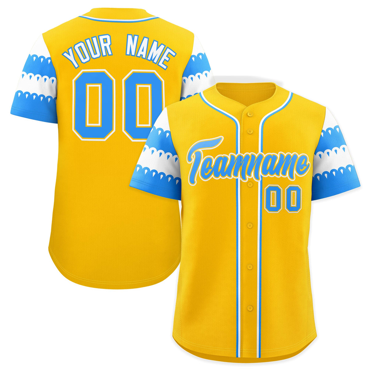 Custom Gold Powder Blue White Sleeve Flag Lace Baseball Jersey | Sublimation Printed &amp; Embroidery,Add Name and Numbern,Perfect for Teams | KXKSHOP