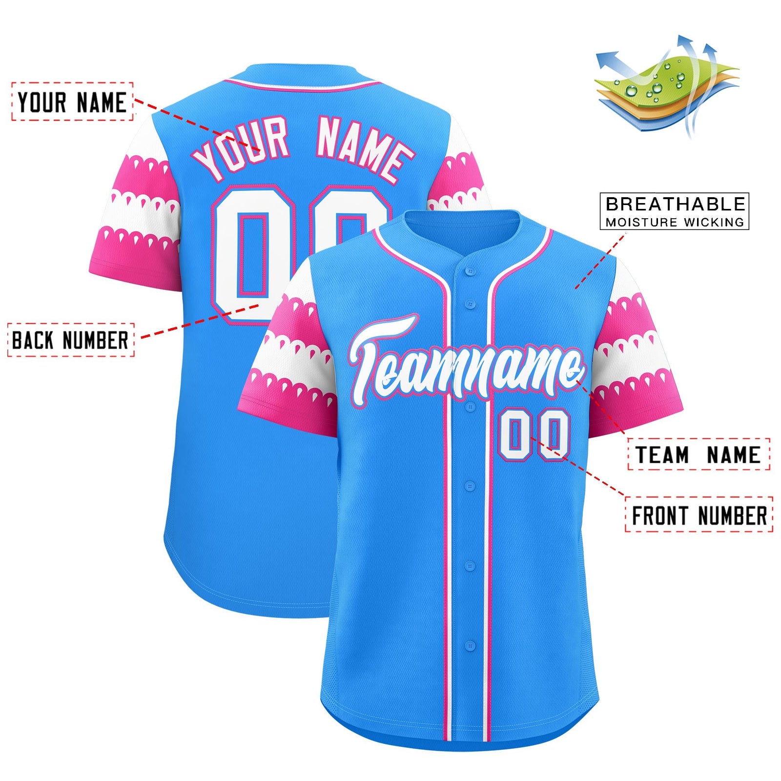 Custom Powder Blue Pink White Sleeve Flag Lace Baseball Jersey | Sublimation Printed & Embroidery,Add Name and Numbern,Perfect for Teams | KXKSHOP