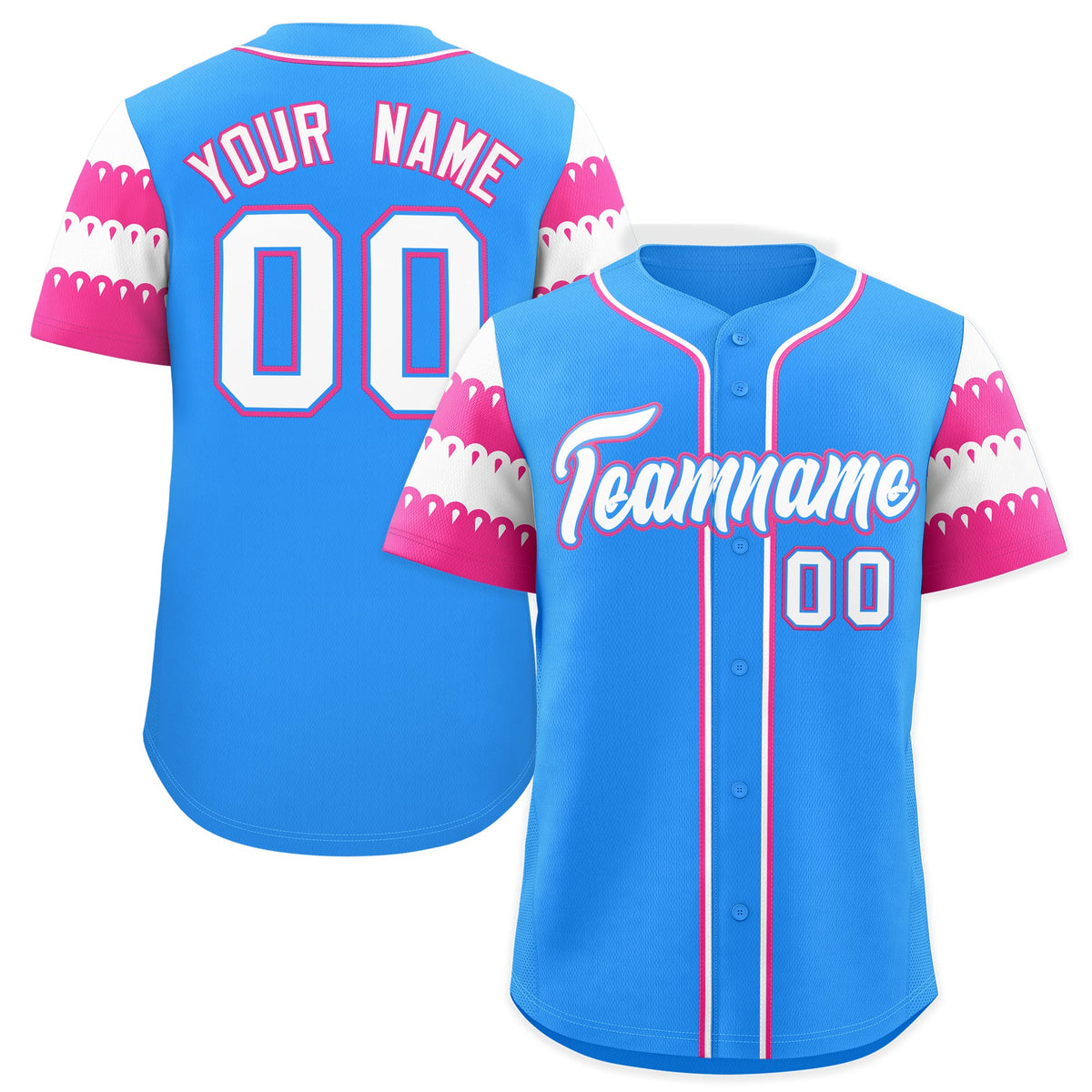 Custom Powder Blue Pink White Sleeve Flag Lace Baseball Jersey | Sublimation Printed &amp; Embroidery,Add Name and Numbern,Perfect for Teams | KXKSHOP