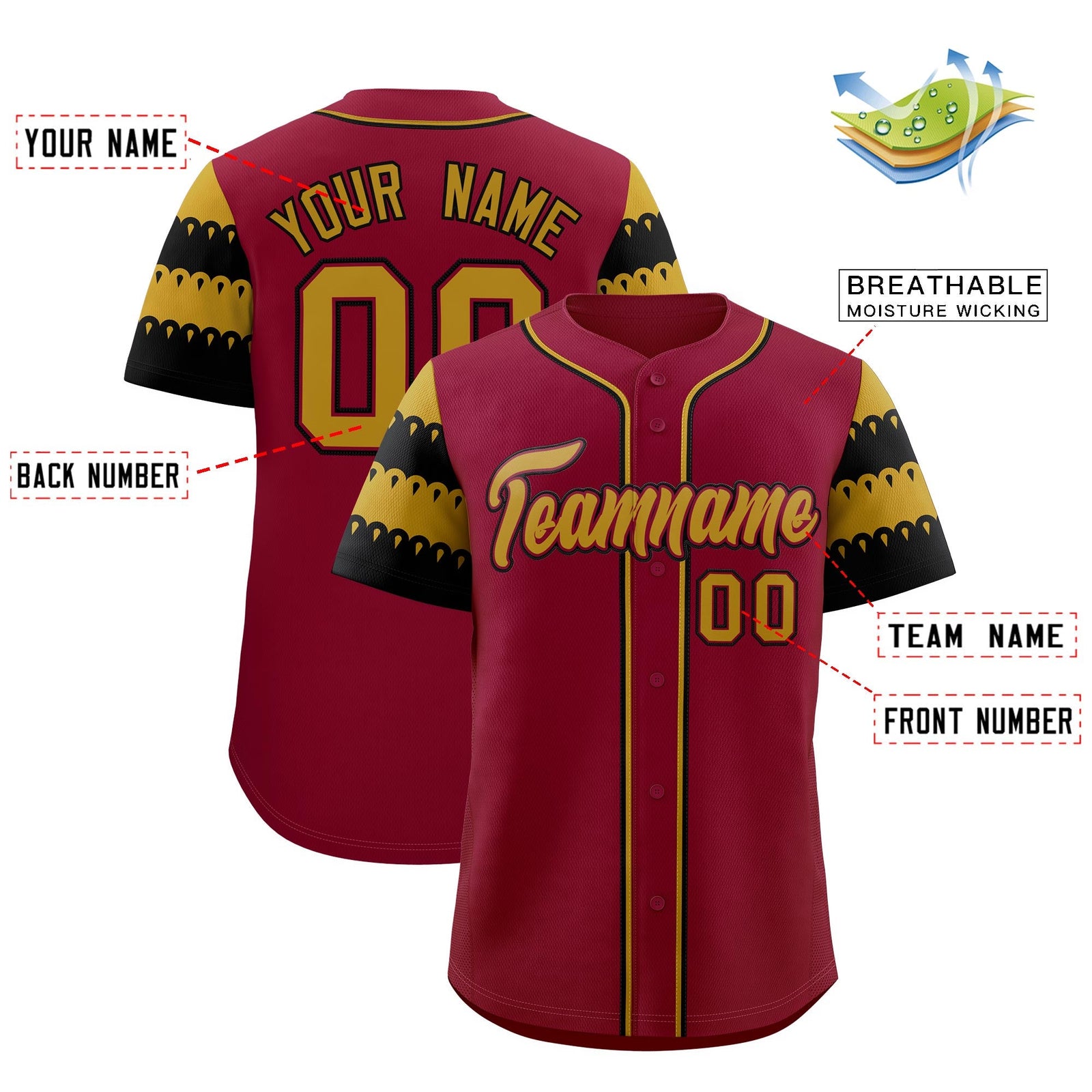 Custom Crimson Old Gold Black Sleeve Flag Lace Baseball Jersey | Sublimation Printed & Embroidery,Add Name and Numbern,Perfect for Teams | KXKSHOP
