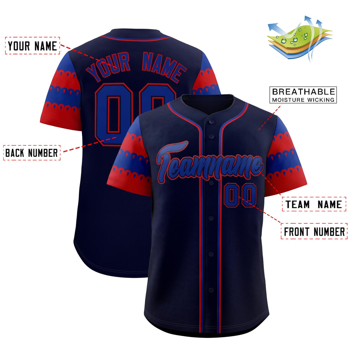 Custom Navy Red Royal Sleeve Flag Lace Baseball Jersey | Sublimation Printed &amp; Embroidery,Add Name and Numbern,Perfect for Teams | KXKSHOP
