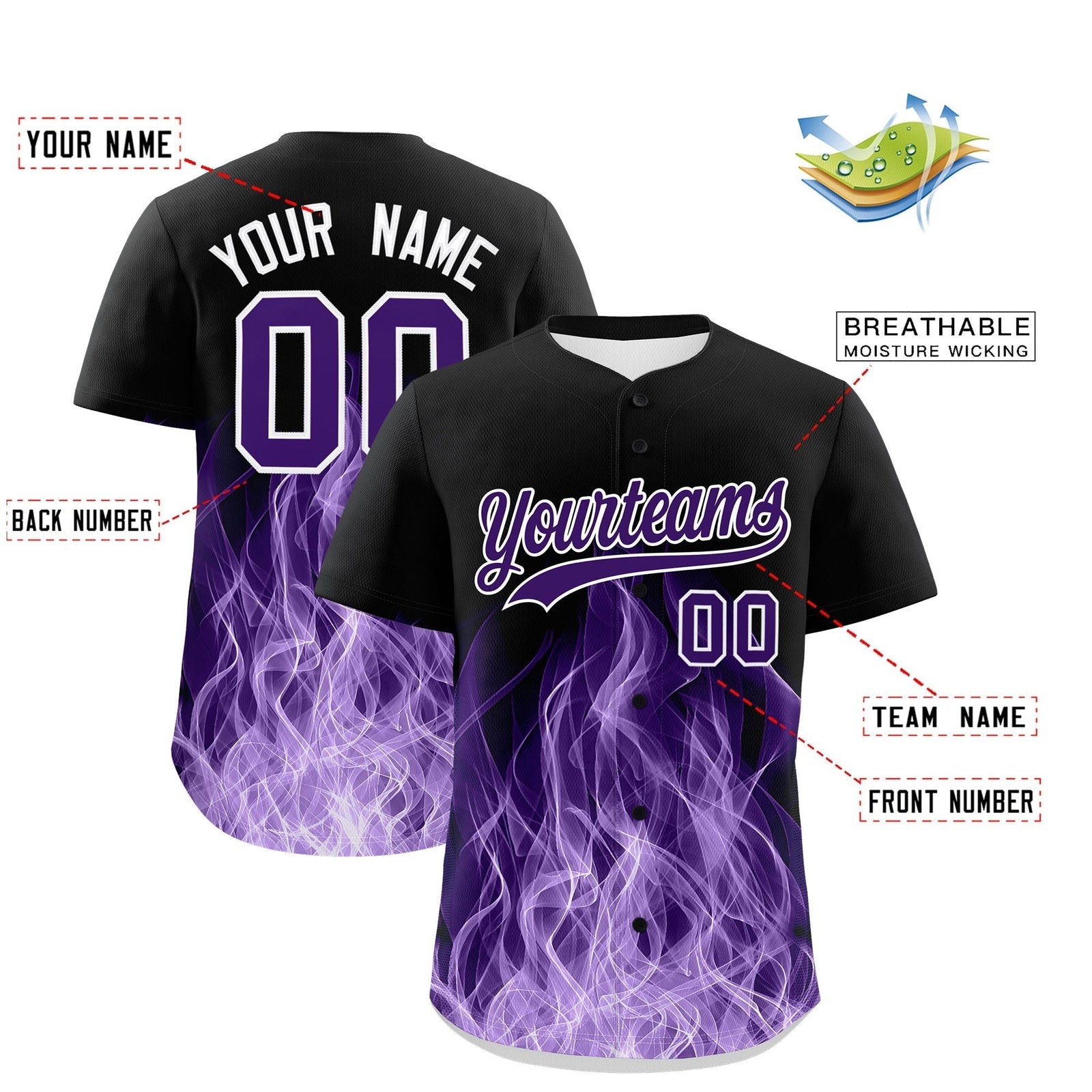 Custom Black Purple White Flame Graffiti Pattern Personalization Baseball Jersey| KXKSHOP