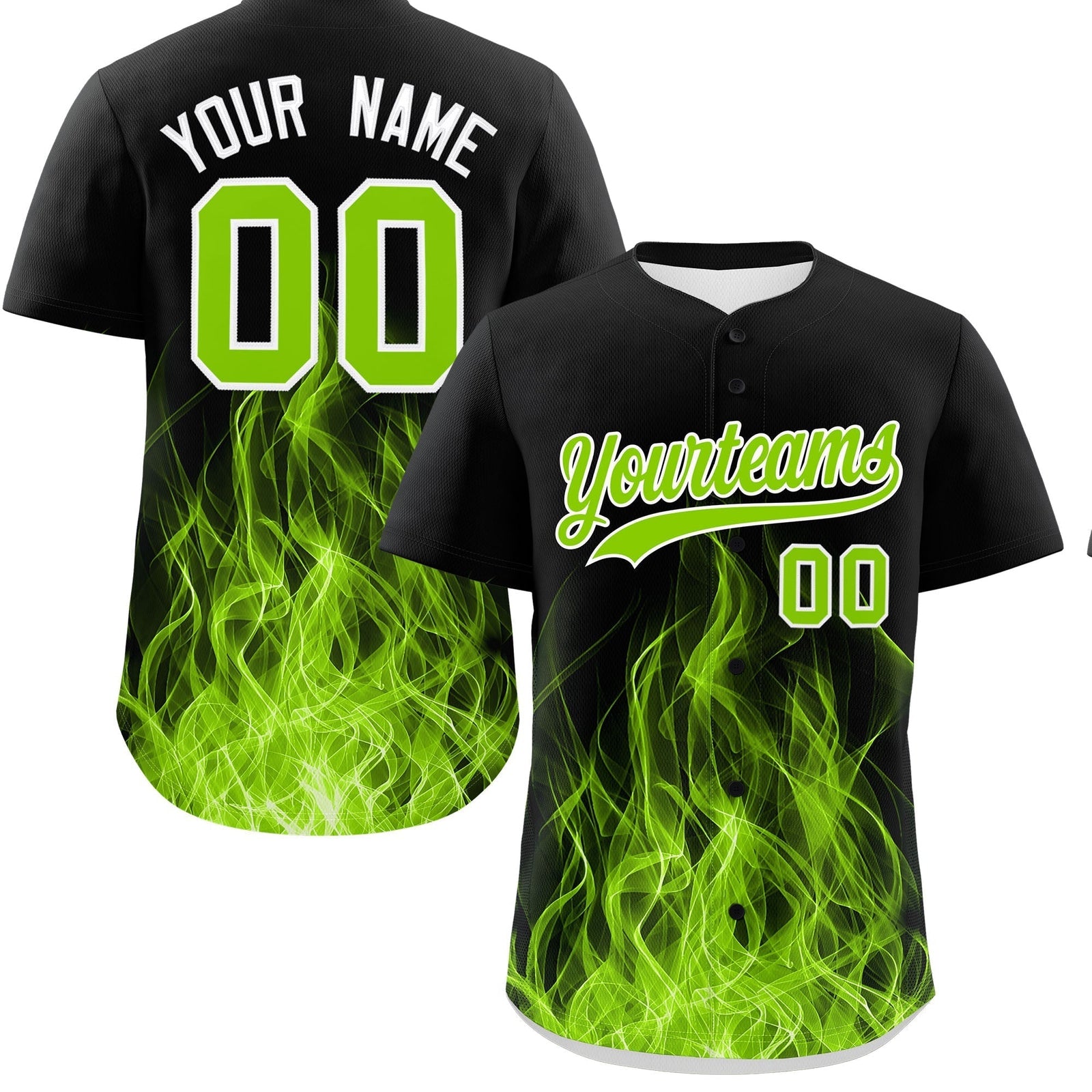 Custom Black Neon Green White Flame Graffiti Pattern Personalization Baseball Jersey| KXKSHOP