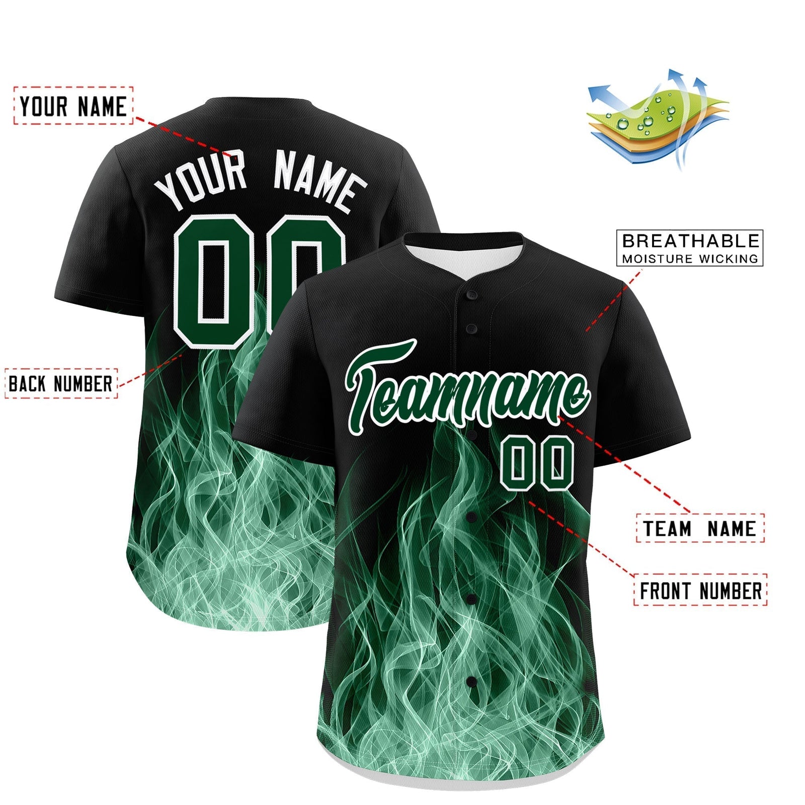 Custom Black Green White Flame Graffiti Pattern Personalization Baseball Jersey| KXKSHOP