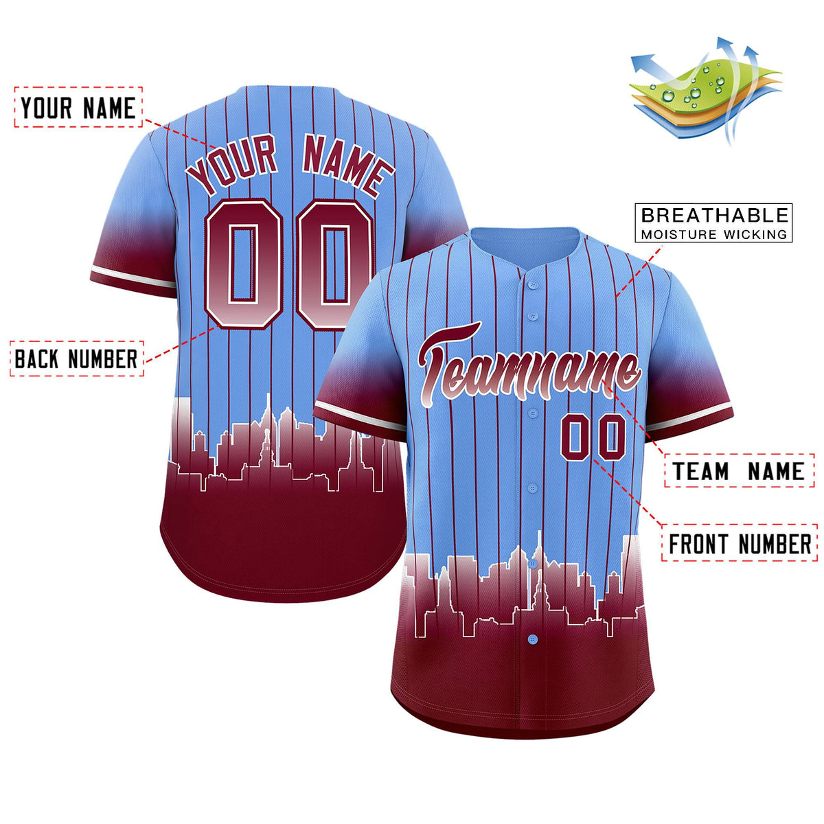 Custom Light Blue Philadelphia City Silhouette Authentic Baseball Jersey
