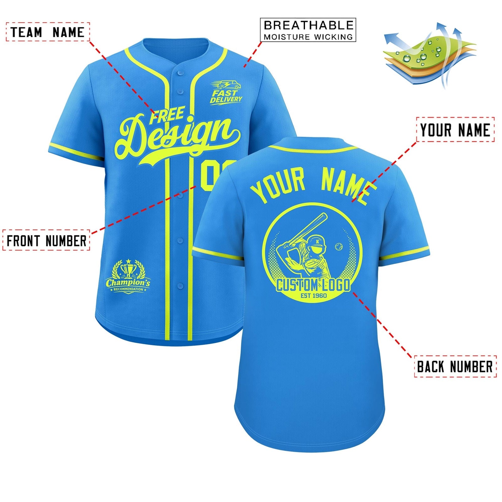 Custom Light Blue Fluorescent Green Classic Style Stitched Sports Uniform Personalized For Teams Baseball Jersey| KXKSHOP