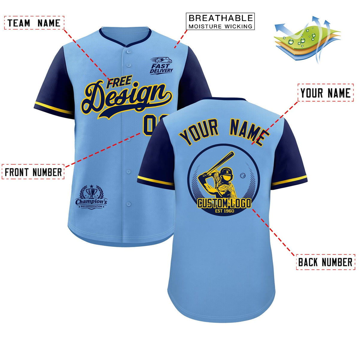 Custom Powder Blue Yellow Classic Style Stitched Sports Uniform Personalized For Teams Baseball Jersey| KXKSHOP
