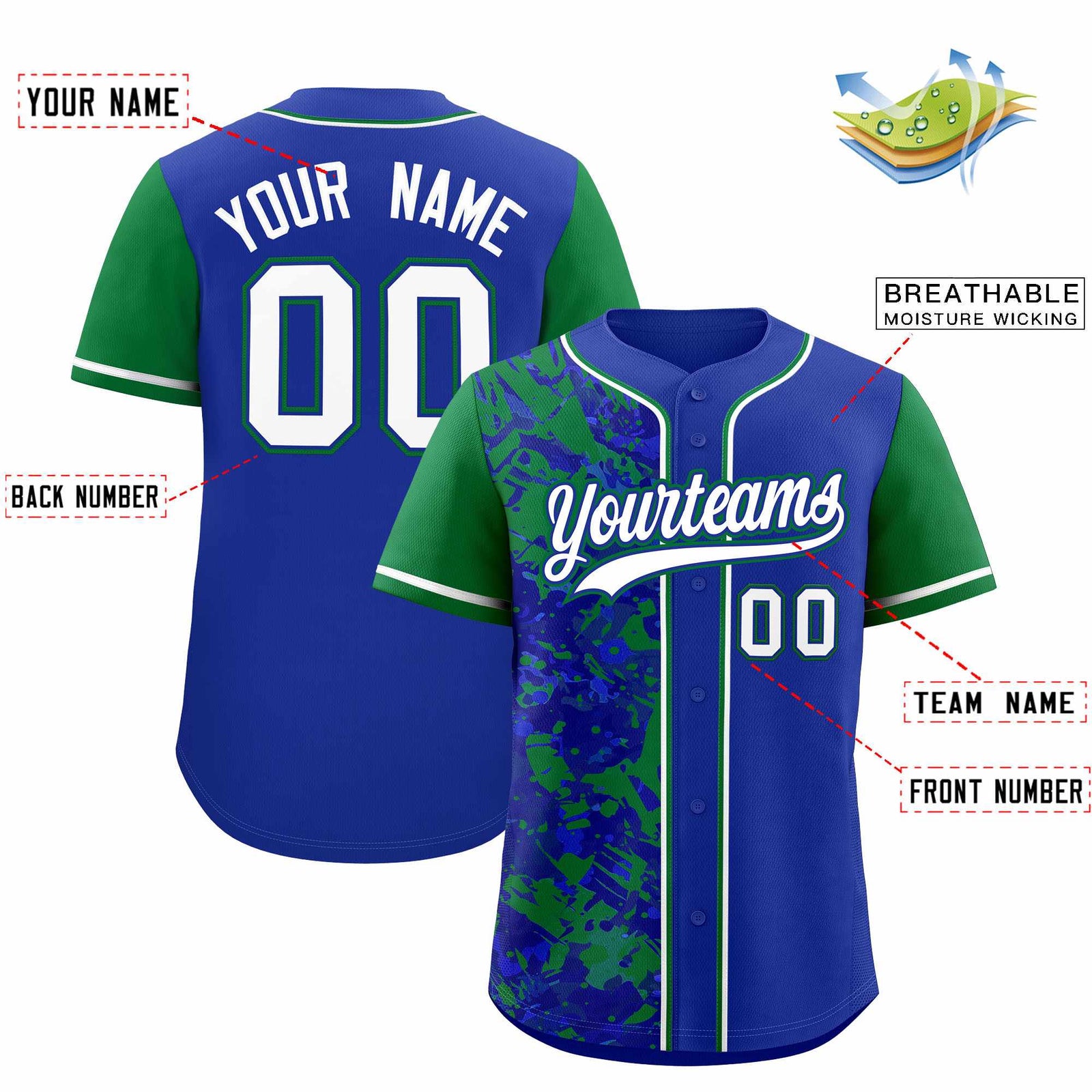 Custom Royal Green Split Personalized Graffiti Raglan Sleeve Authentic Baseball Jersey