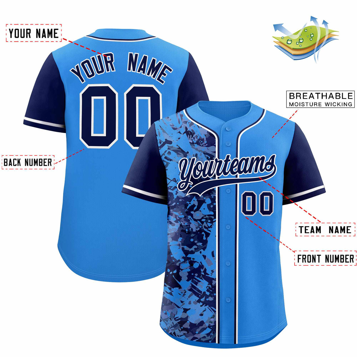 Custom Blue Navy Split Personalized Graffiti Raglan Sleeve Authentic Baseball Jersey