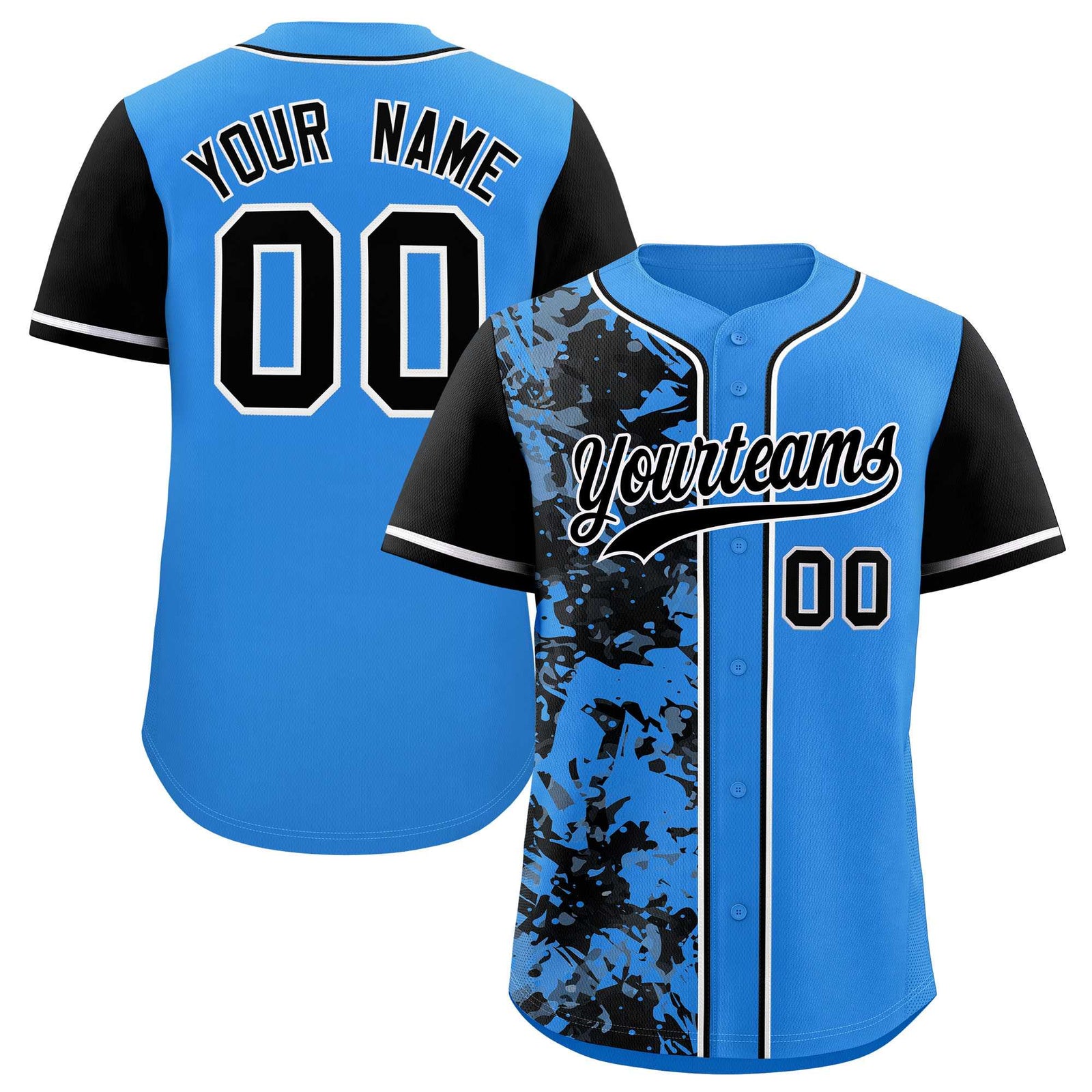 Custom Blue Black Split Personalized Graffiti Raglan Sleeve Authentic Baseball Jersey