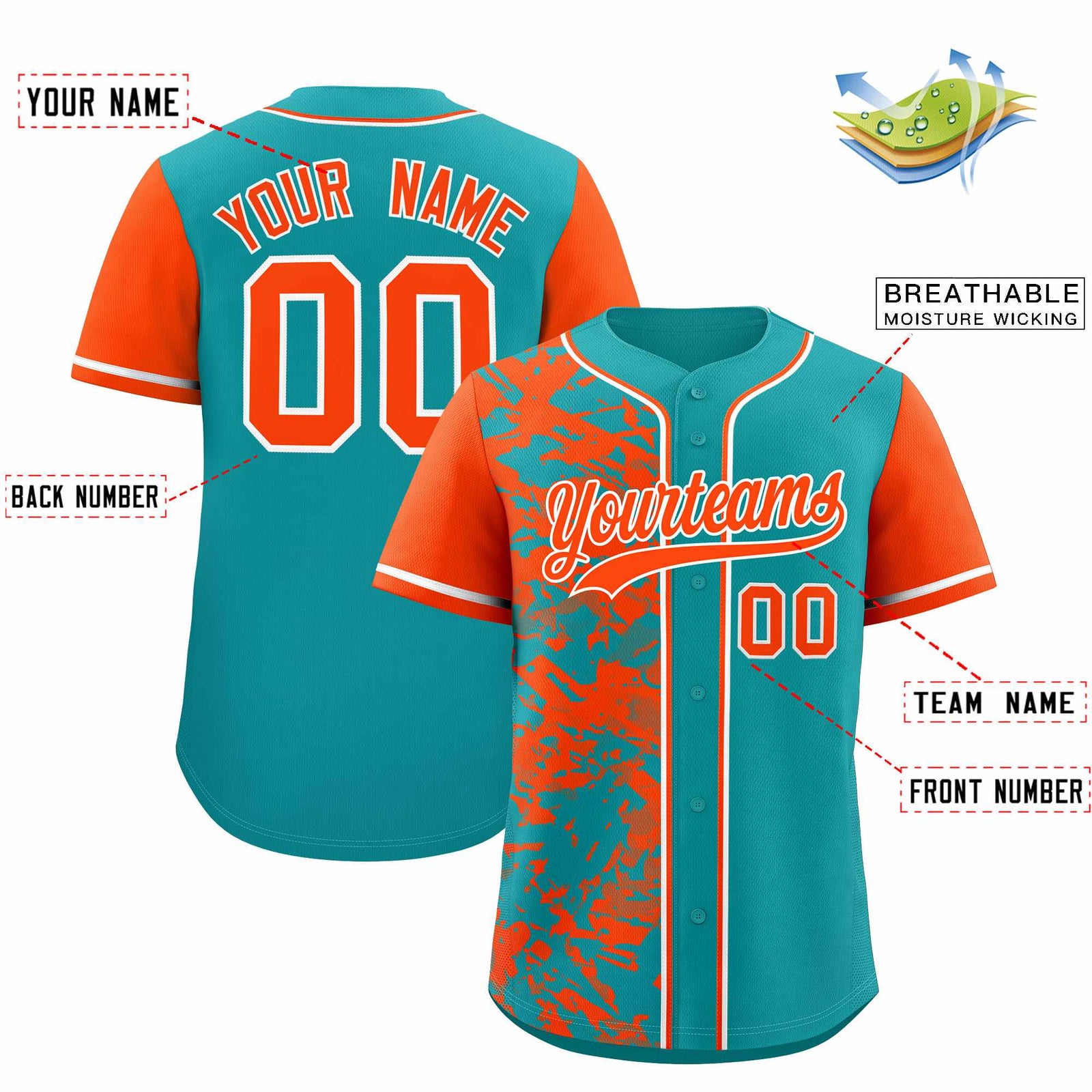 Custom Aqua Orange Split Personalized Graffiti Raglan Sleeve Authentic Baseball Jersey