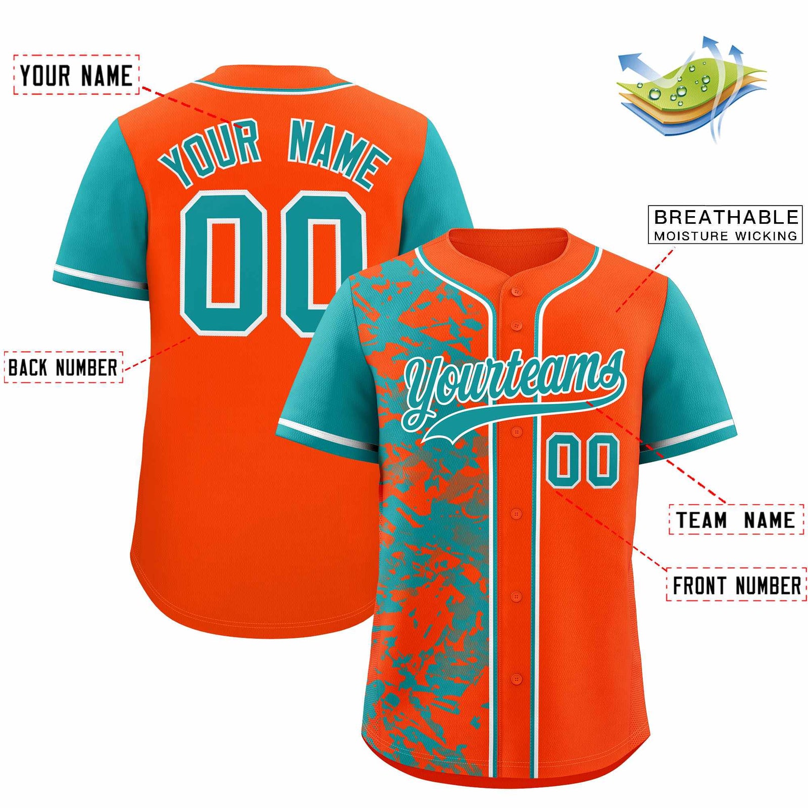 Custom Orange Aqua Split Personalized Graffiti Raglan Sleeve Authentic Baseball Jersey