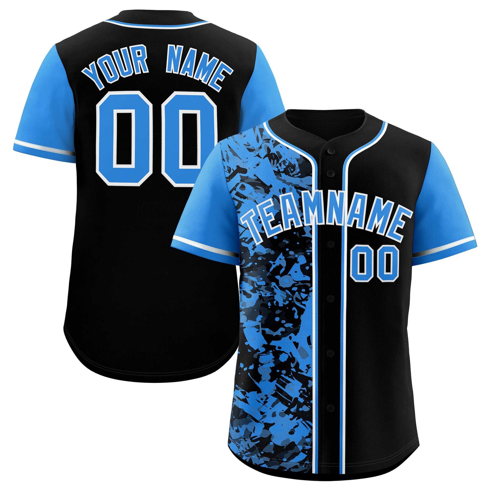 Custom Black Blue Split Personalized Graffiti Raglan Sleeve Authentic Baseball Jersey