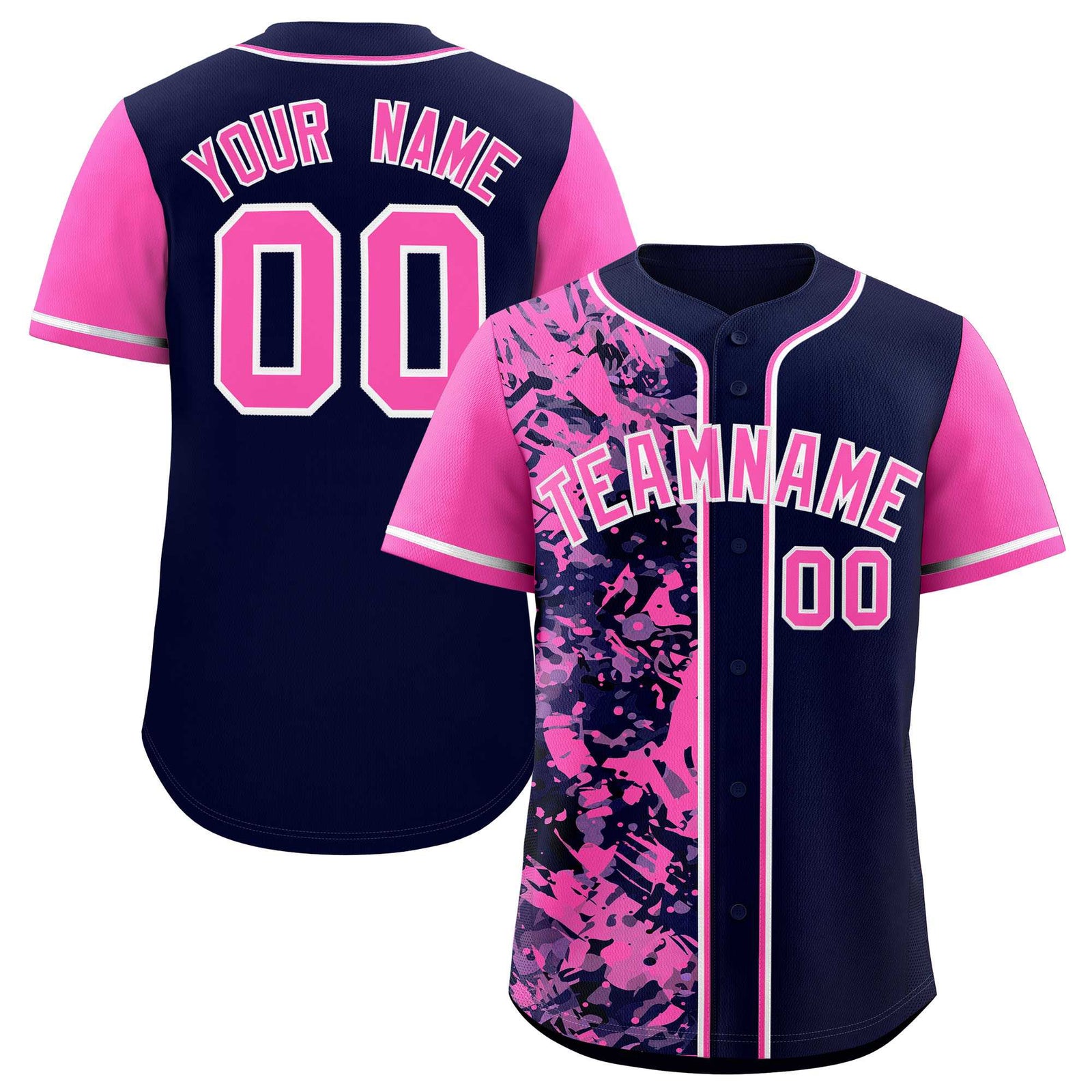 Custom Navy Pink Split Personalized Graffiti Raglan Sleeve Authentic Baseball Jersey