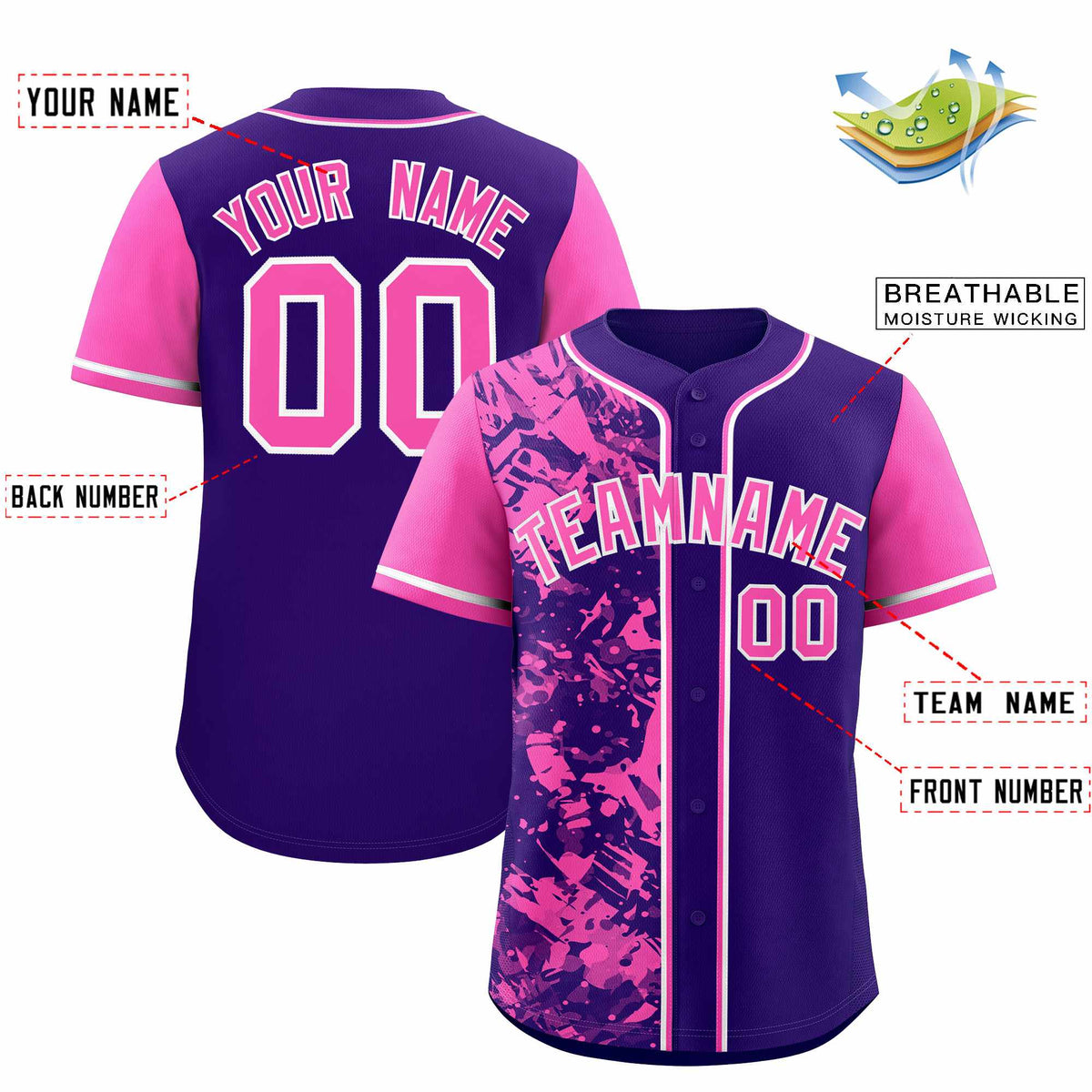 Custom Purple Pink Split Personalized Graffiti Raglan Sleeve Authentic Baseball Jersey