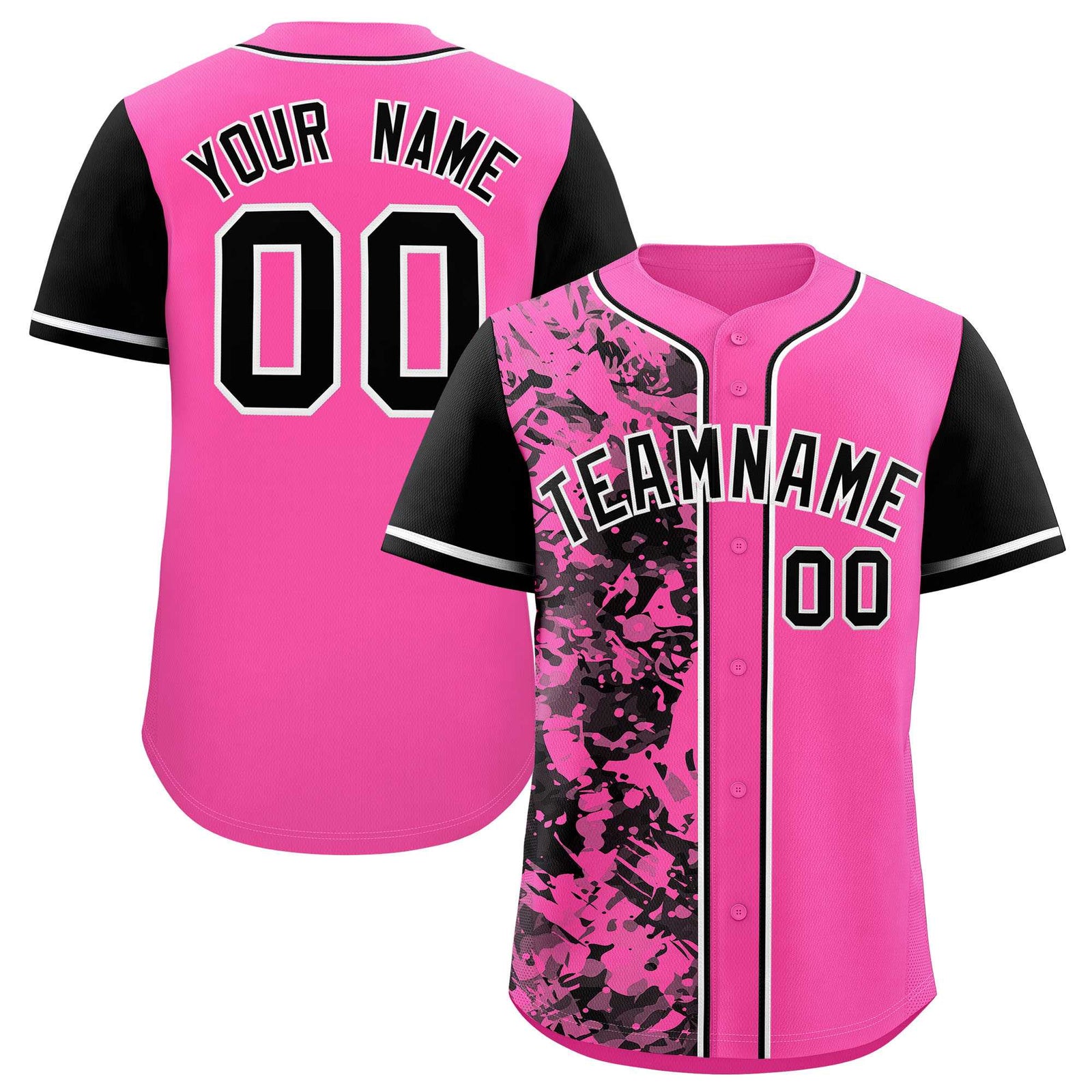 Custom Pink Black Split Personalized Graffiti Raglan Sleeve Authentic Baseball Jersey