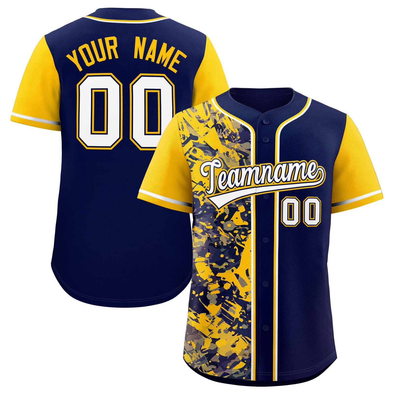 Custom Navy Yellow Split Personalized Graffiti Raglan Sleeve Authentic Baseball Jersey