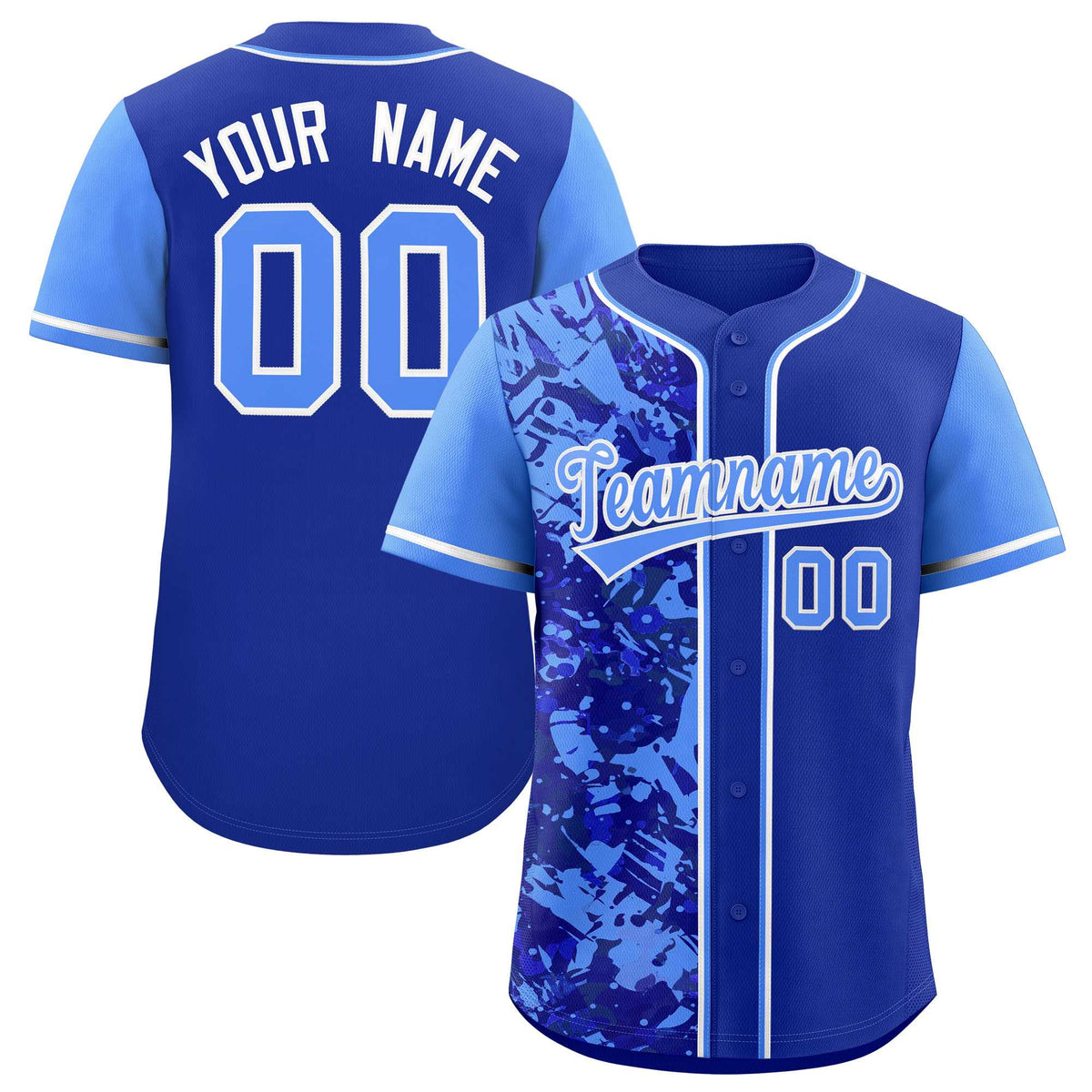 Custom Royal Blue Split Personalized Graffiti Raglan Sleeve Authentic Baseball Jersey