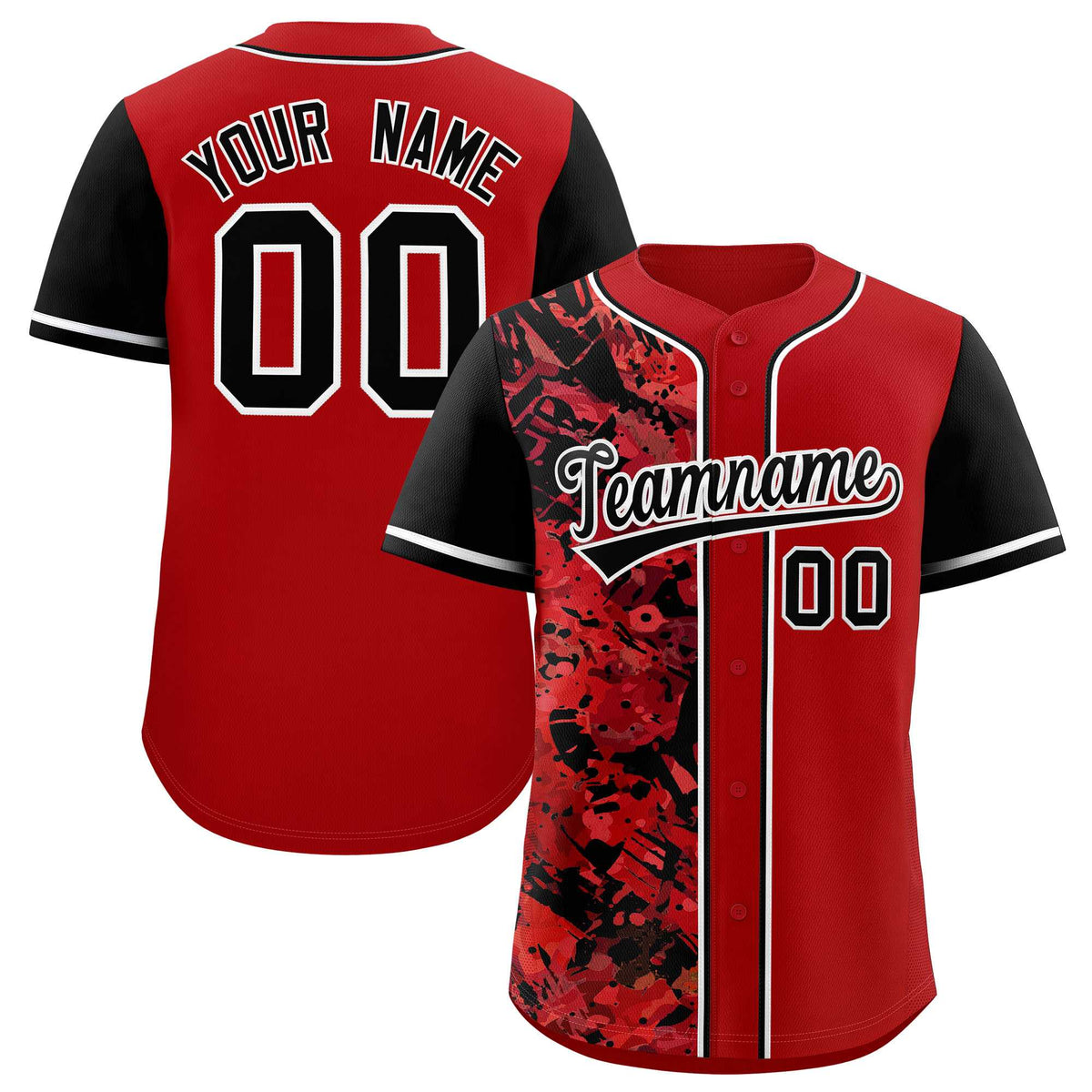 Custom Red Black Split Personalized Graffiti Raglan Sleeve Authentic Baseball Jersey