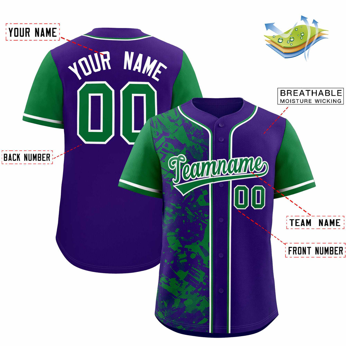 Custom Purple Green Split Personalized Graffiti Raglan Sleeve Authentic Baseball Jersey