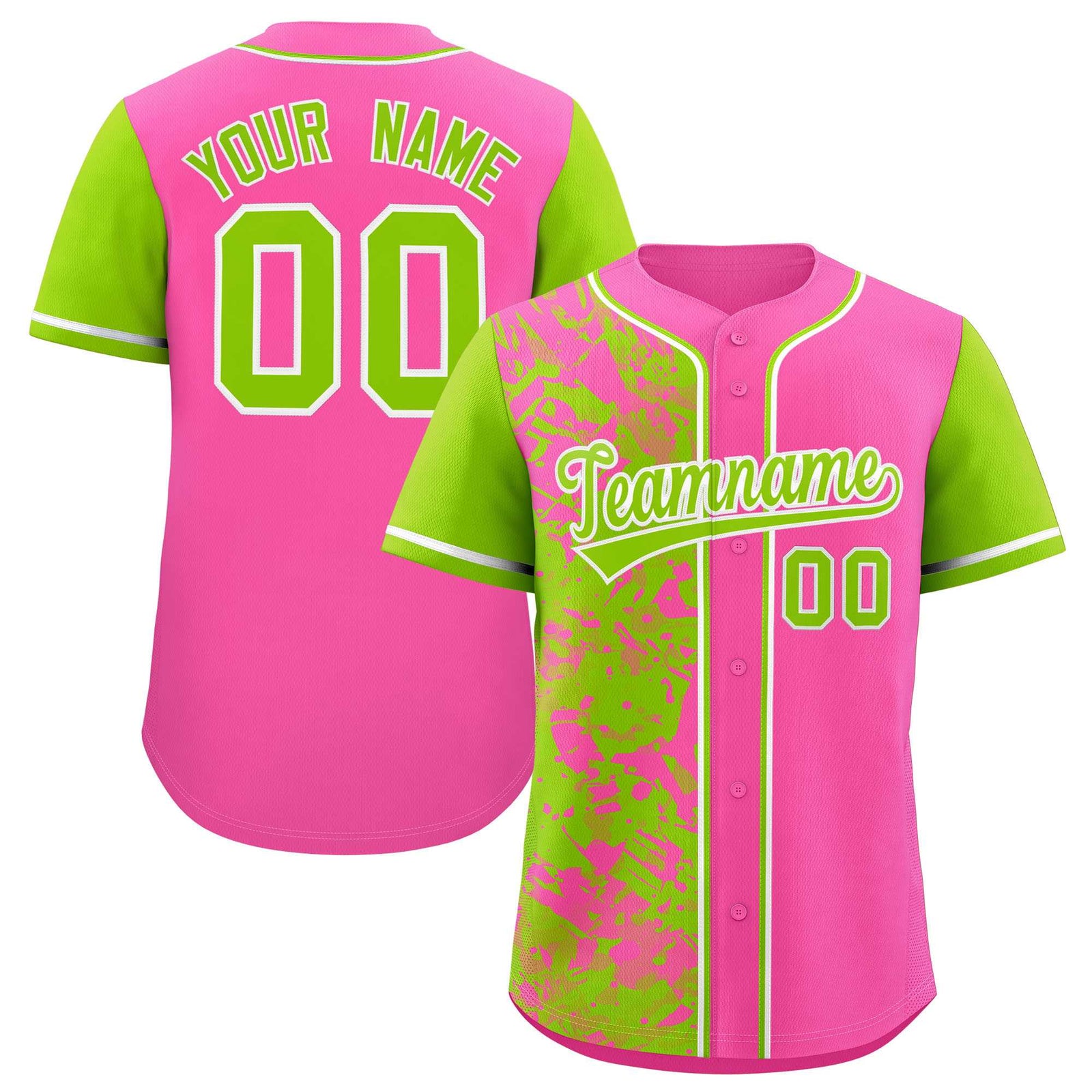 Custom Pink Neon Green Split Personalized Graffiti Raglan Sleeve Authentic Baseball Jersey