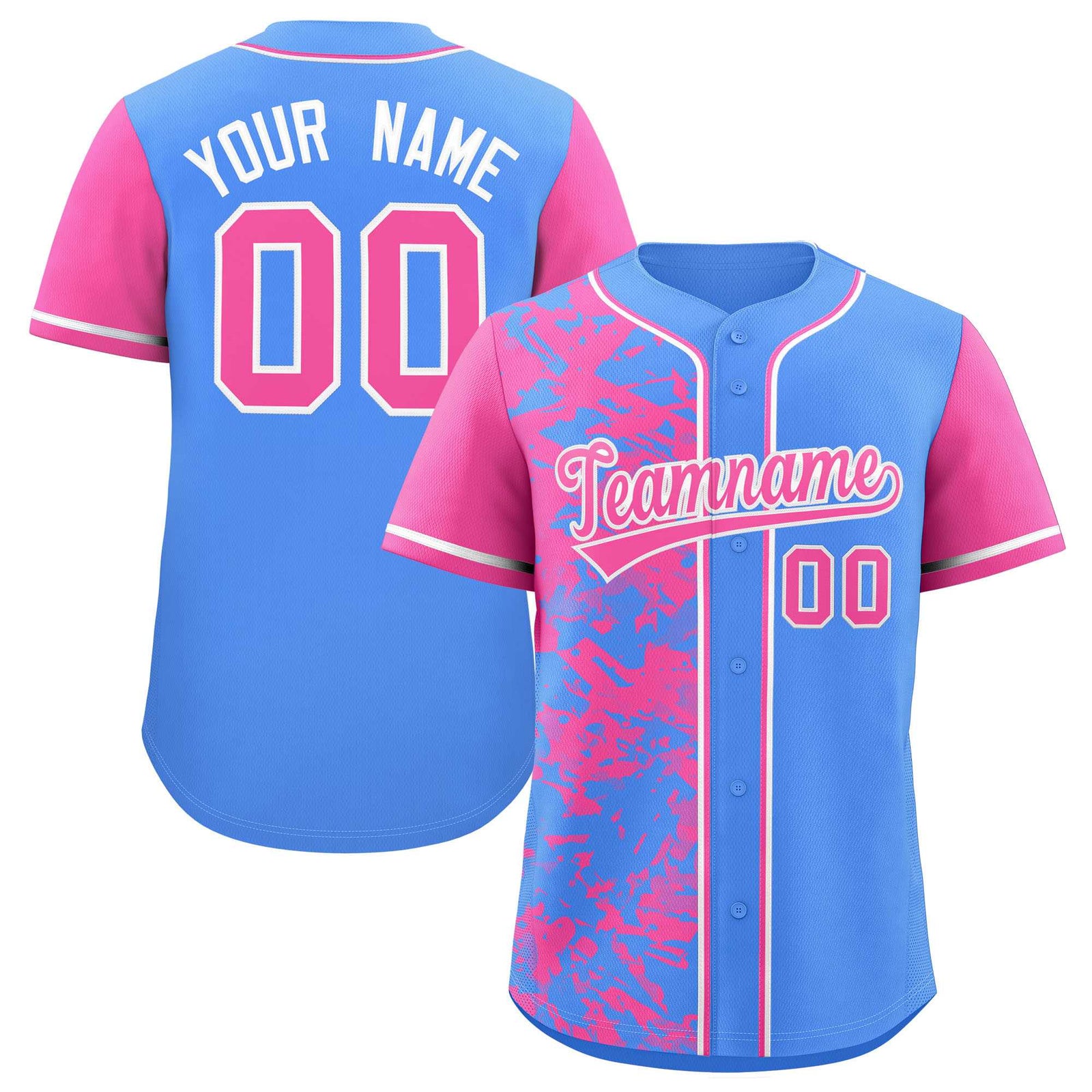 Custom Blue Pink Split Personalized Graffiti Raglan Sleeve Authentic Baseball Jersey