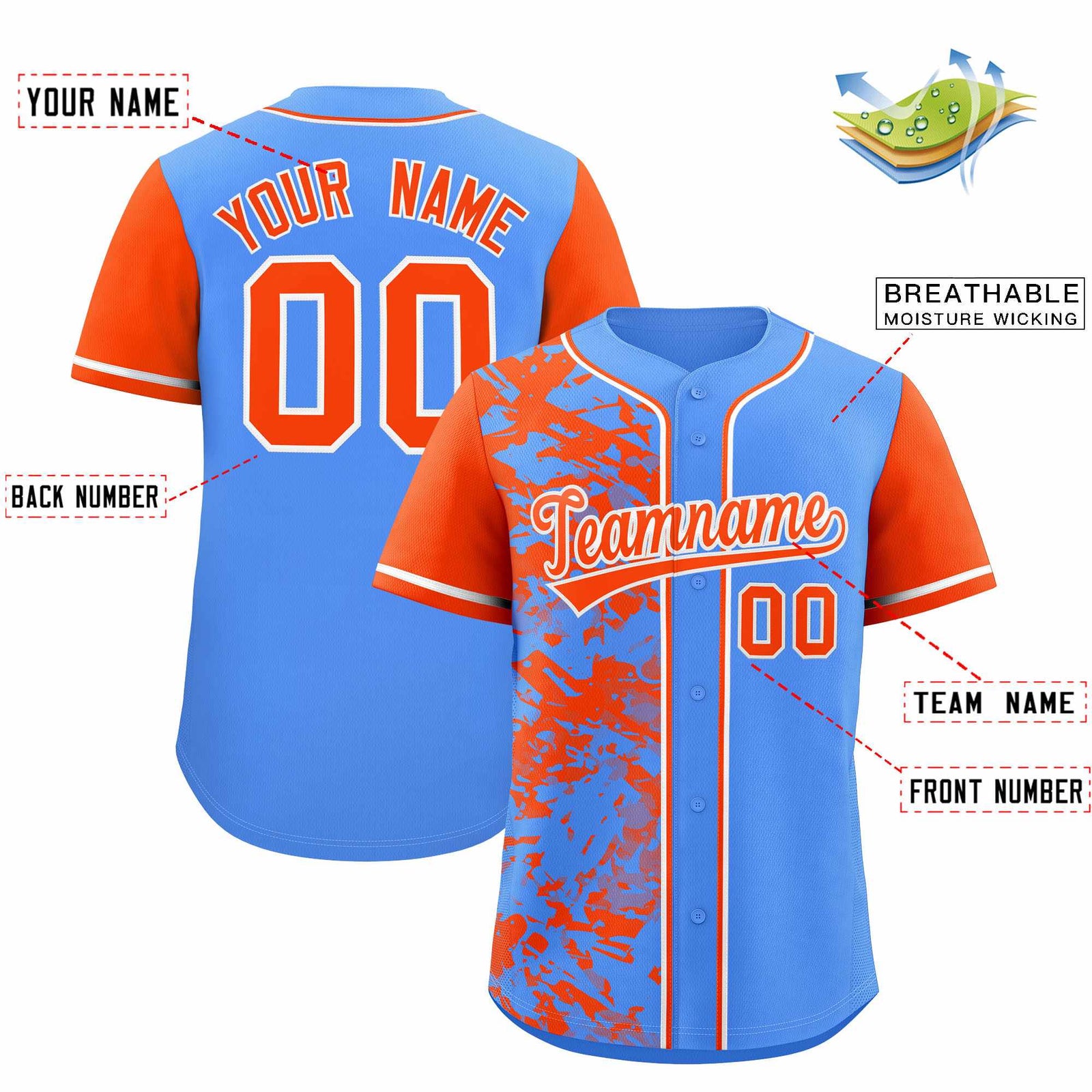 Custom Blue Orange Split Personalized Graffiti Raglan Sleeve Authentic Baseball Jersey