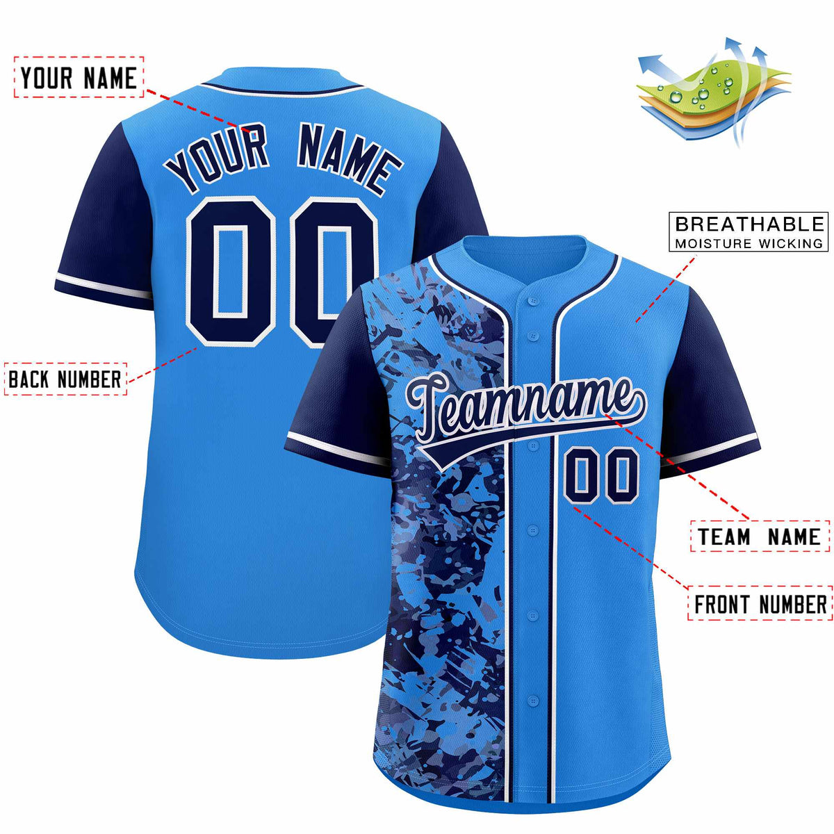 Custom Blue Navy Split Personalized Graffiti Raglan Sleeve Authentic Baseball Jersey