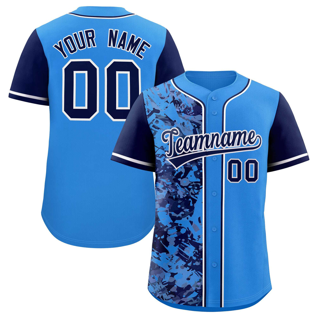 Custom Blue Navy Split Personalized Graffiti Raglan Sleeve Authentic Baseball Jersey