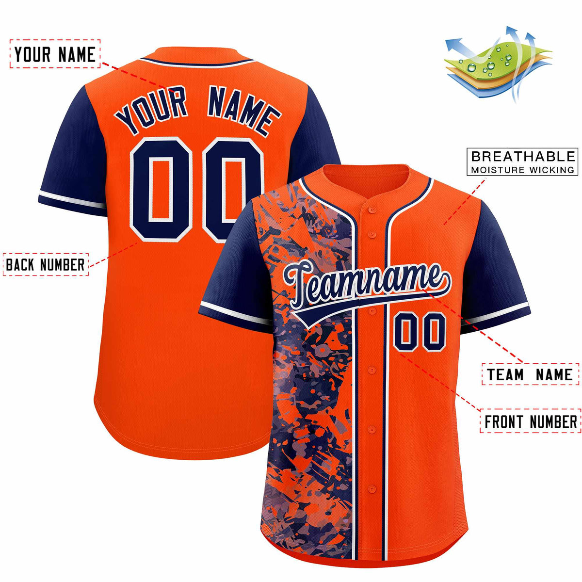 Custom Orange Navy Split Personalized Graffiti Raglan Sleeve Authentic Baseball Jersey