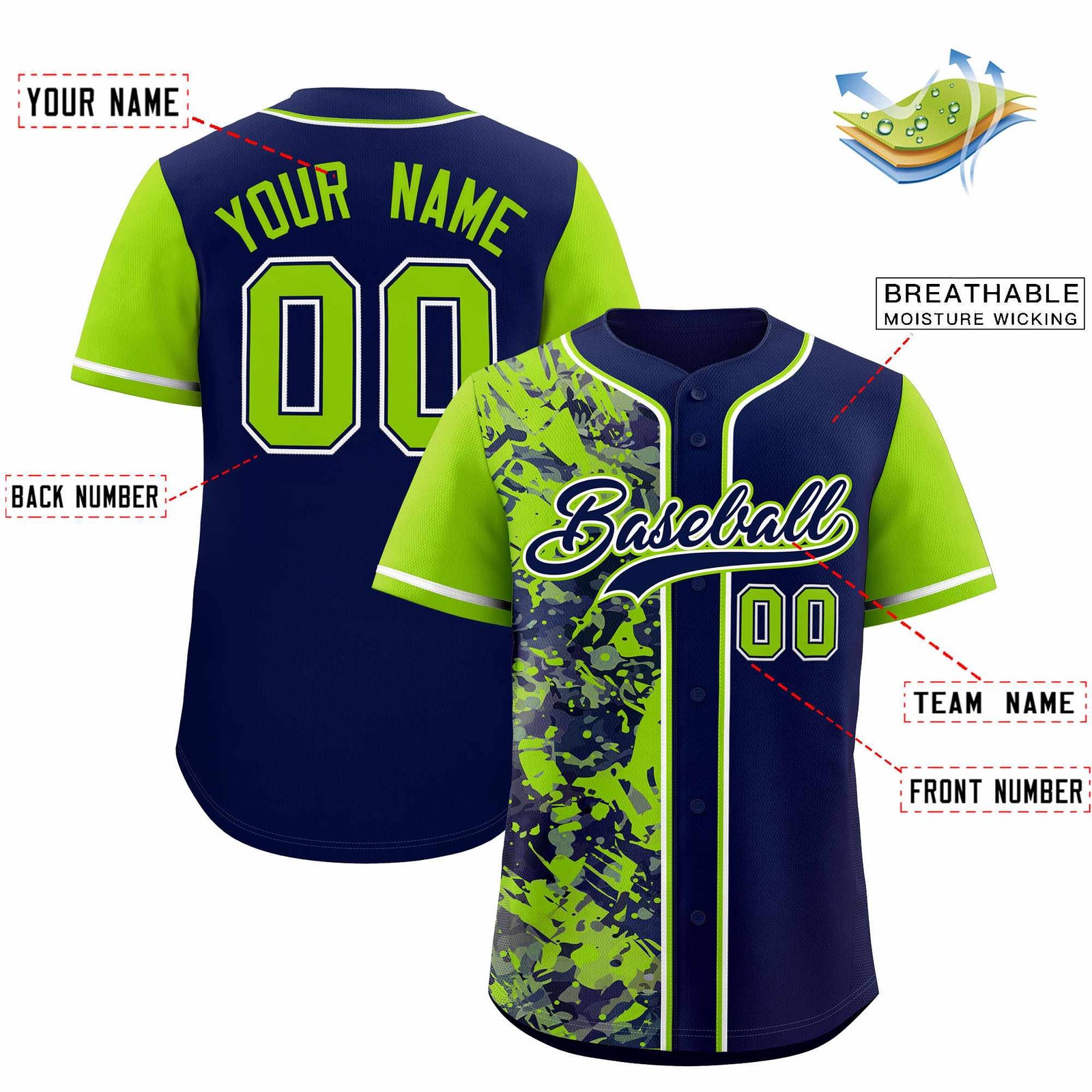 Custom Navy Neon Green Split Personalized Graffiti Raglan Sleeve Authentic Baseball Jersey