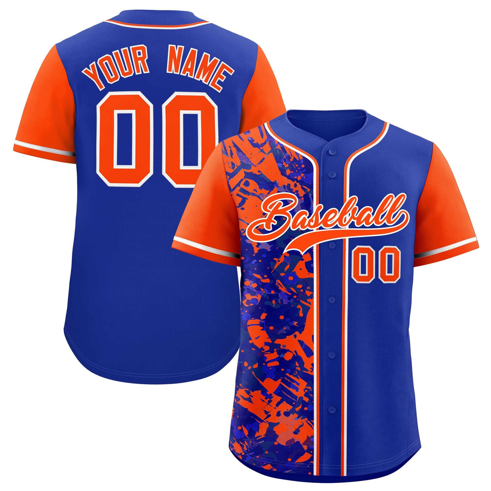 Custom Royal Orange Split Personalized Graffiti Raglan Sleeve Authentic Baseball Jersey