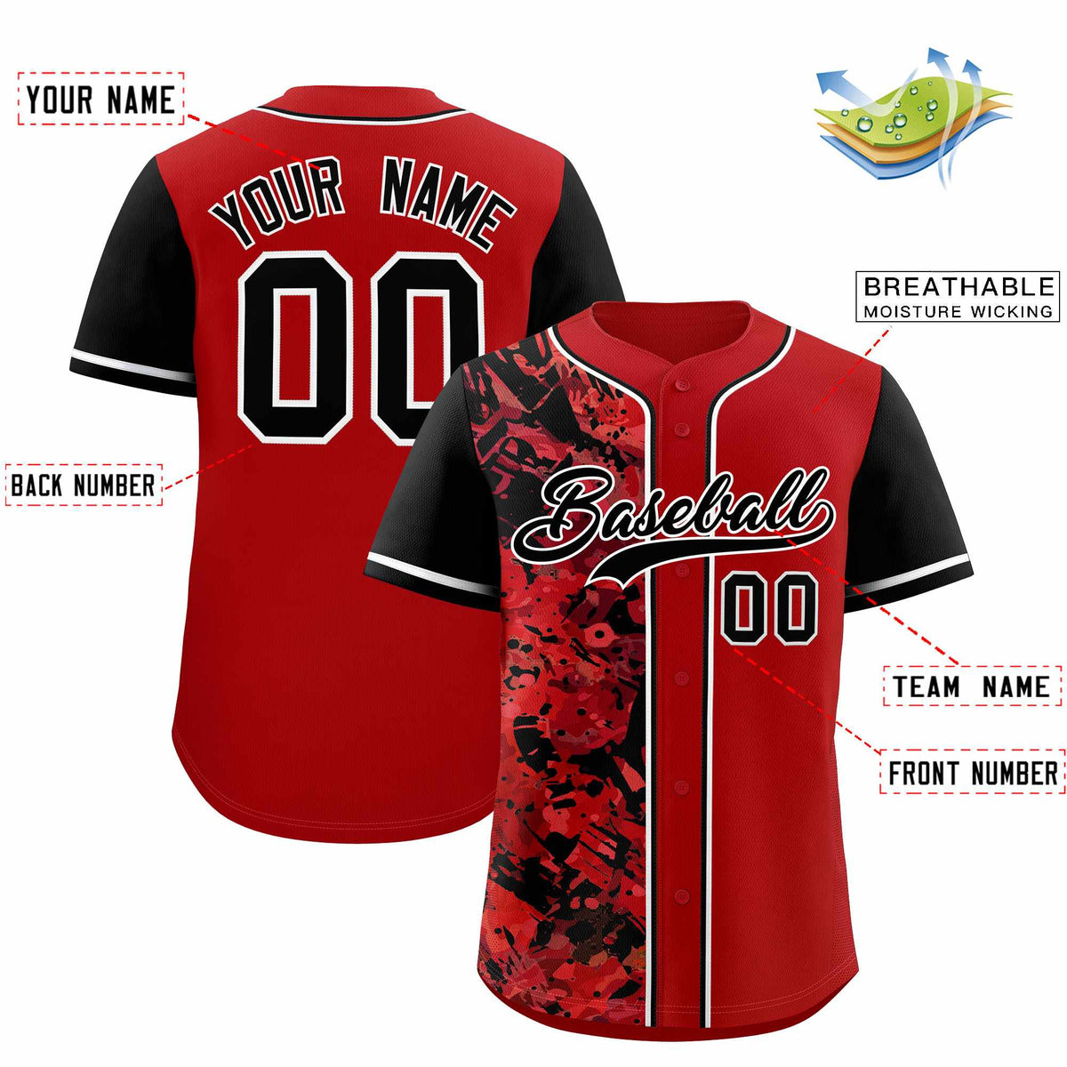 Custom Red Black Split Personalized Graffiti Raglan Sleeve Authentic Baseball Jersey