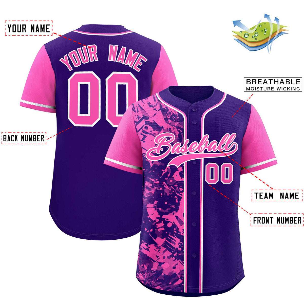 Custom Purple Pink Split Personalized Graffiti Raglan Sleeve Authentic Baseball Jersey