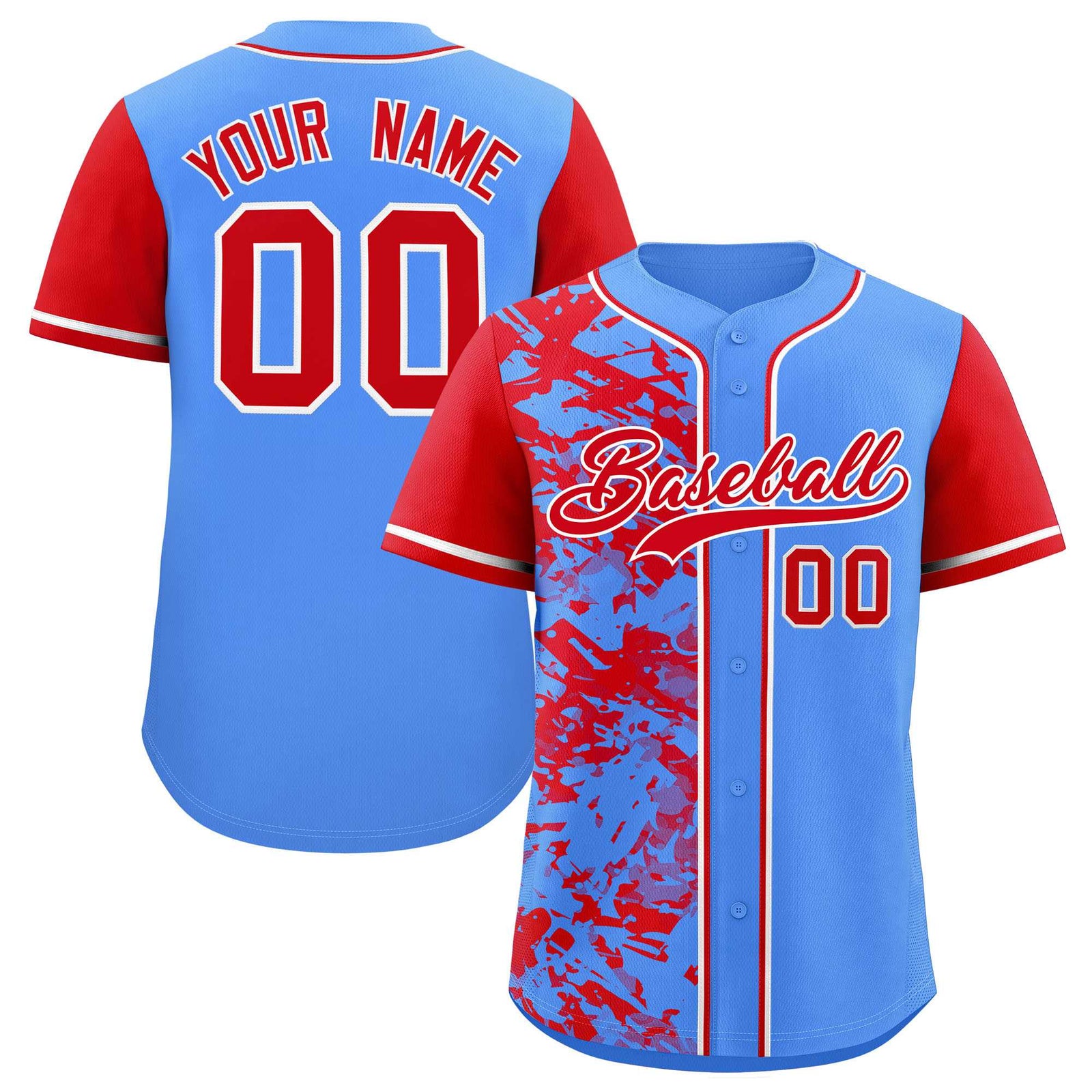 Custom Blue Red Split Personalized Graffiti Raglan Sleeve Authentic Baseball Jersey
