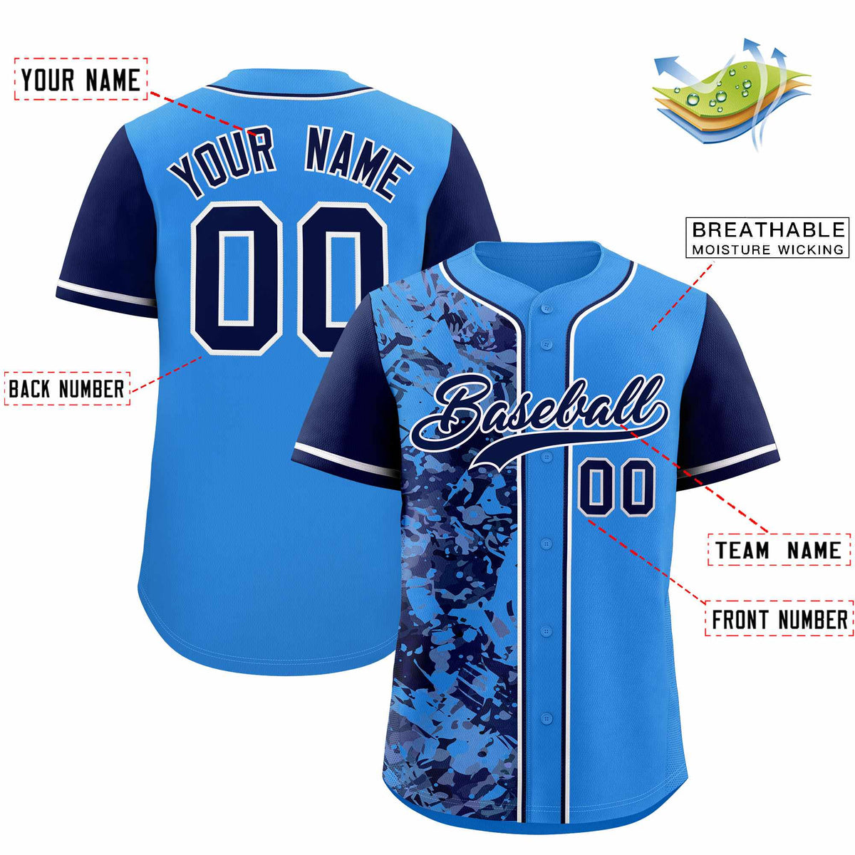 Custom Blue Navy Split Personalized Graffiti Raglan Sleeve Authentic Baseball Jersey