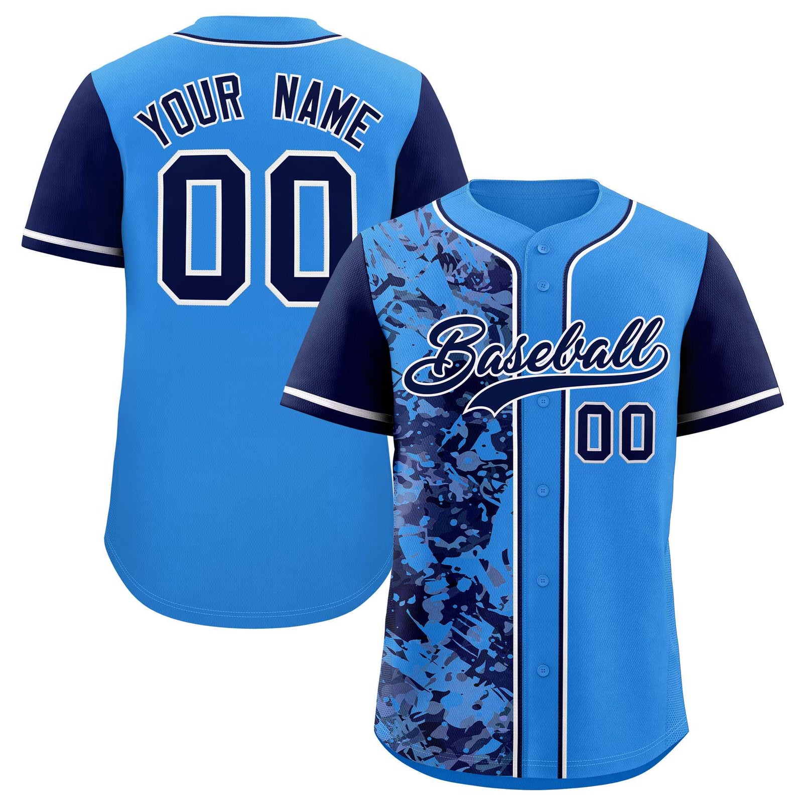 Custom Blue Navy Split Personalized Graffiti Raglan Sleeve Authentic Baseball Jersey