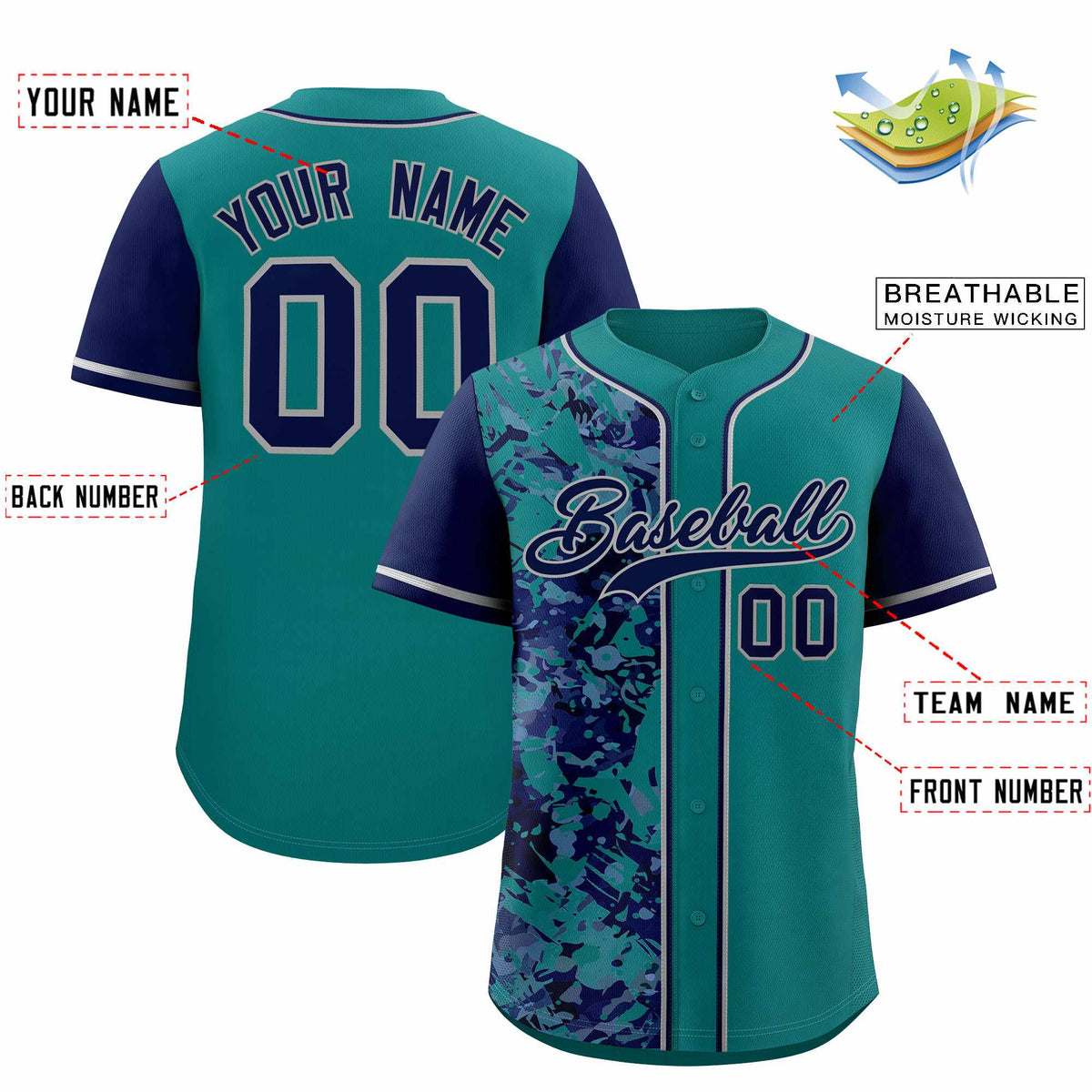 Custom Aqua Navy Split Personalized Graffiti Raglan Sleeve Authentic Baseball Jersey