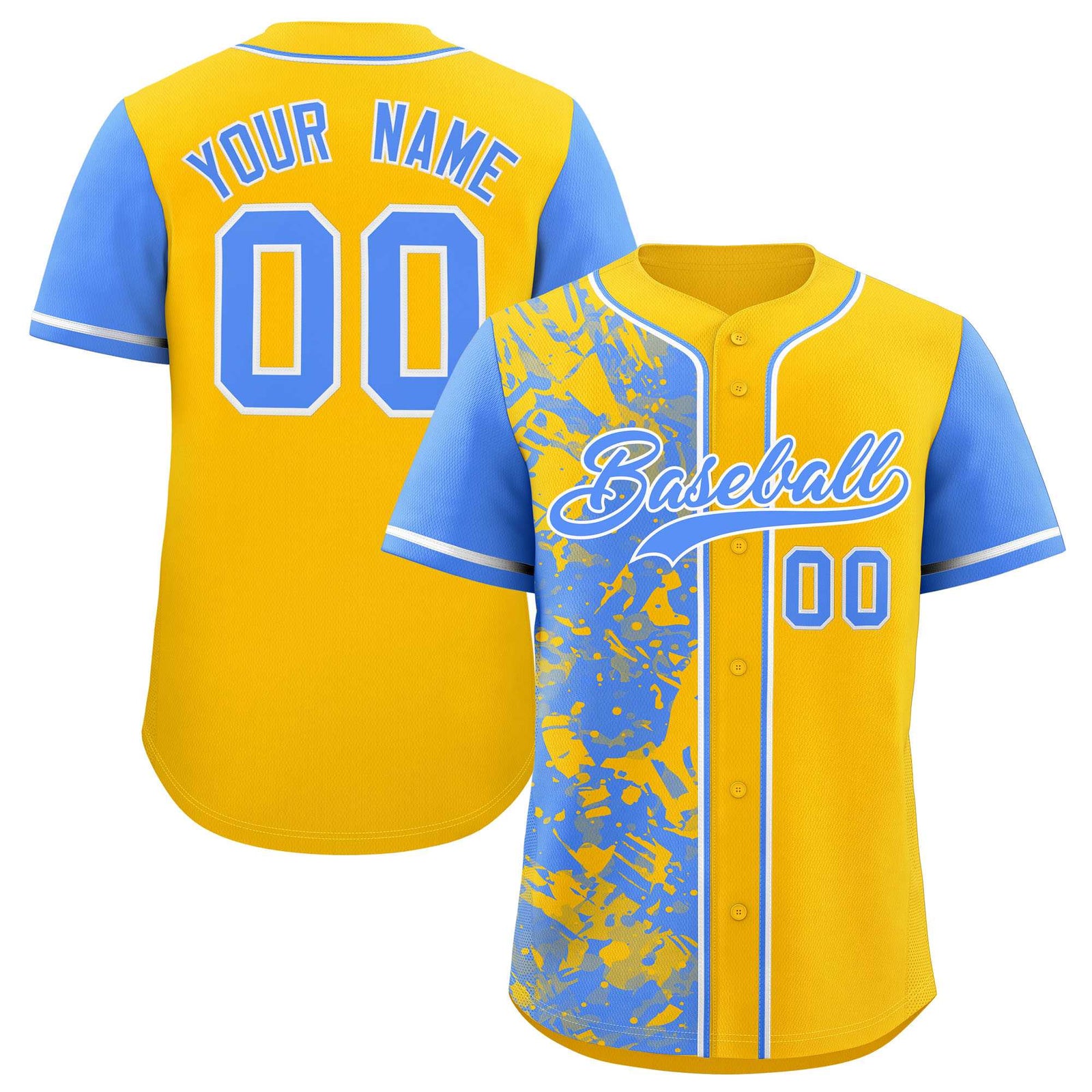 Custom Yellow Powder Blue Split Personalized Graffiti Raglan Sleeve Authentic Baseball Jersey