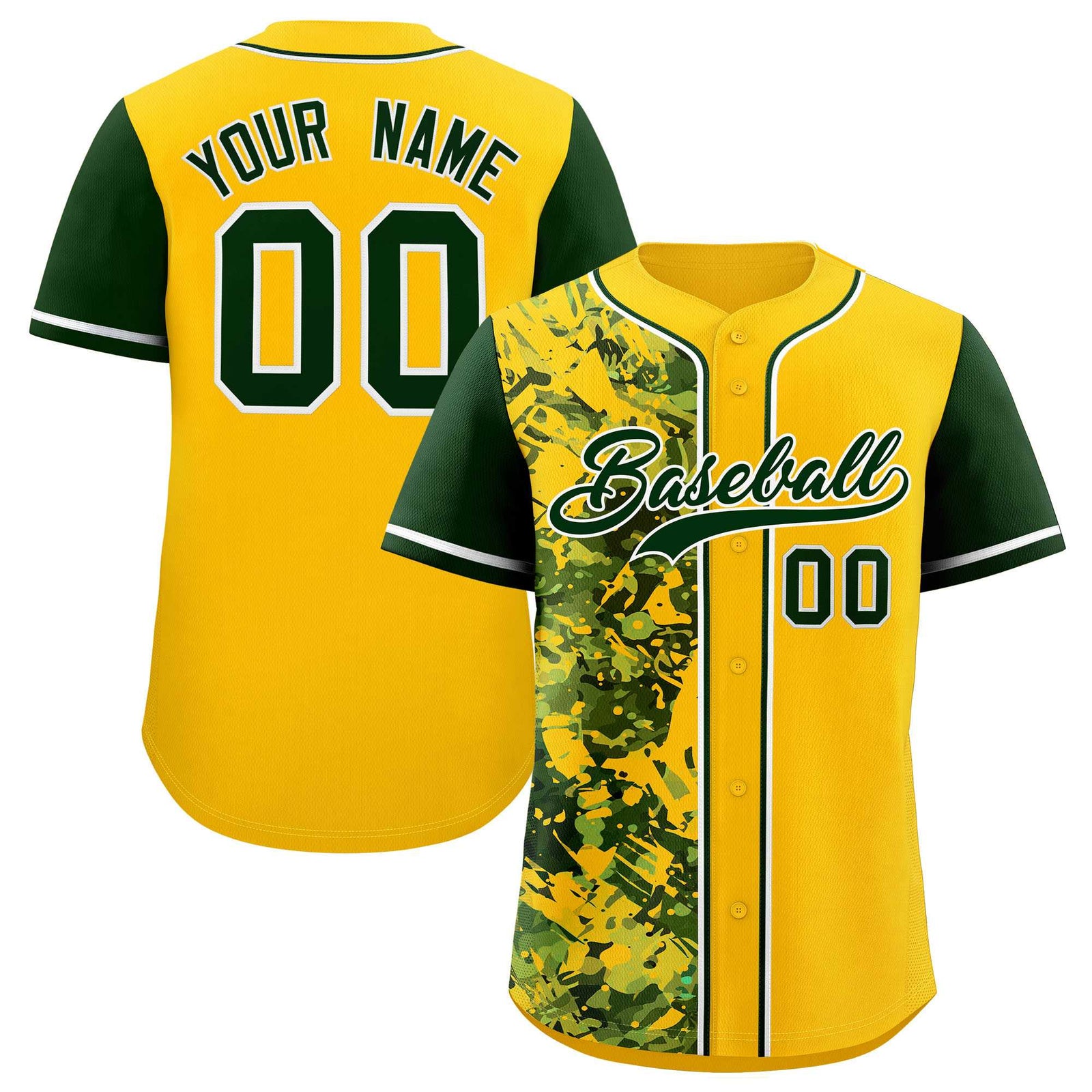 Custom Yellow Green Split Personalized Graffiti Raglan Sleeve Authentic Baseball Jersey