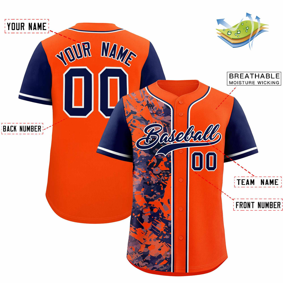 Custom Orange Navy Split Personalized Graffiti Raglan Sleeve Authentic Baseball Jersey