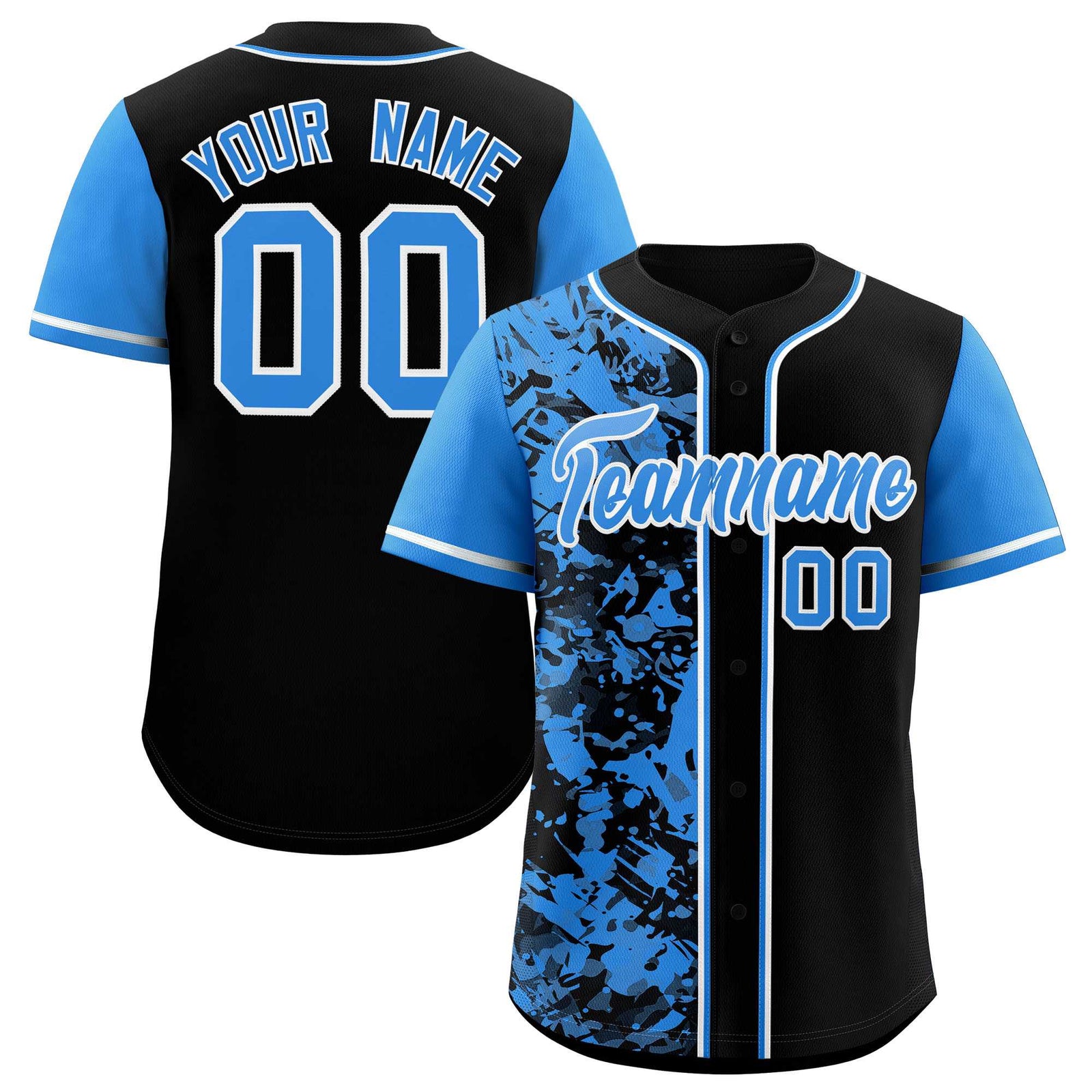 Custom Black Blue Split Personalized Graffiti Raglan Sleeve Authentic Baseball Jersey