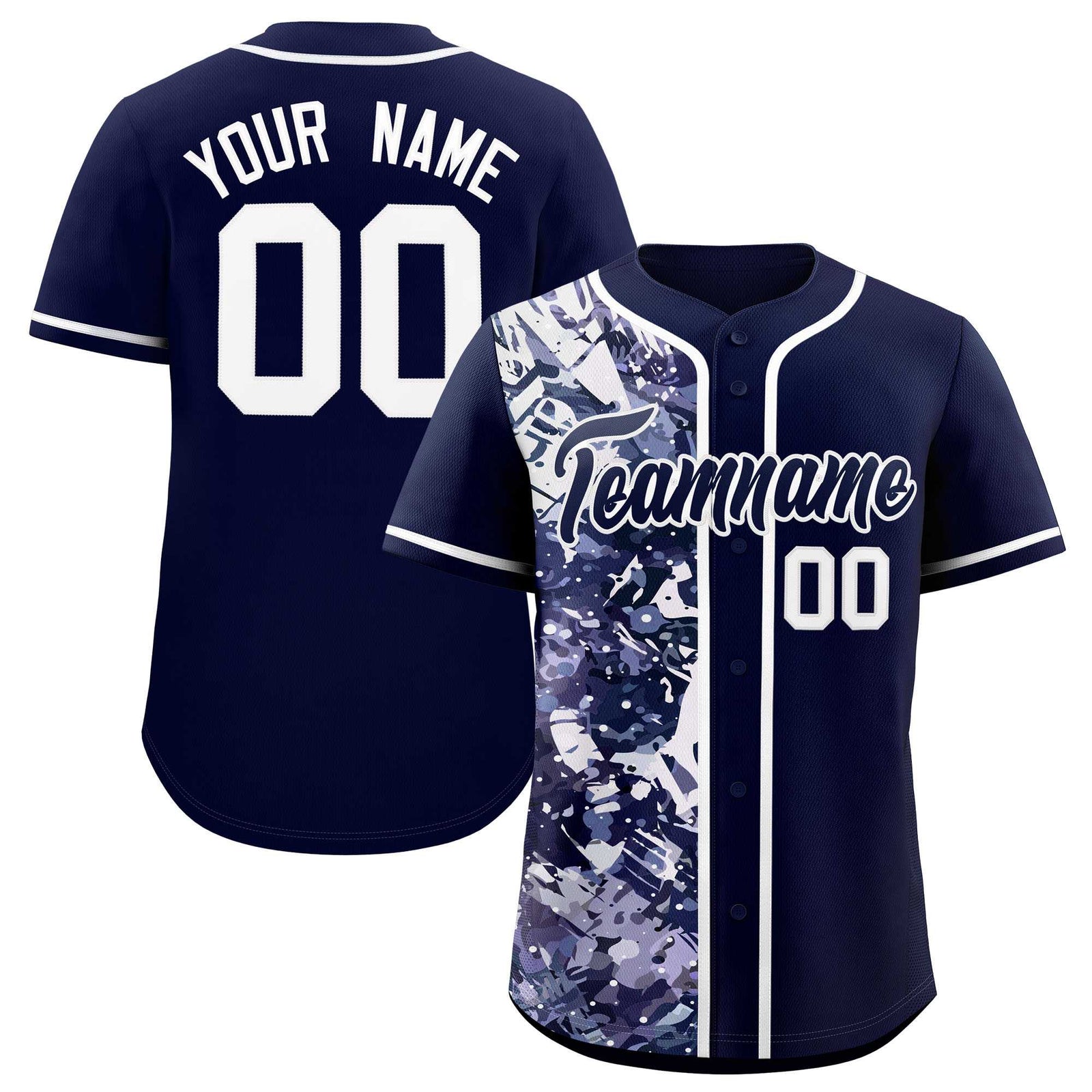 Custom Navy White Split Personalized Graffiti Raglan Sleeve Authentic Baseball Jersey