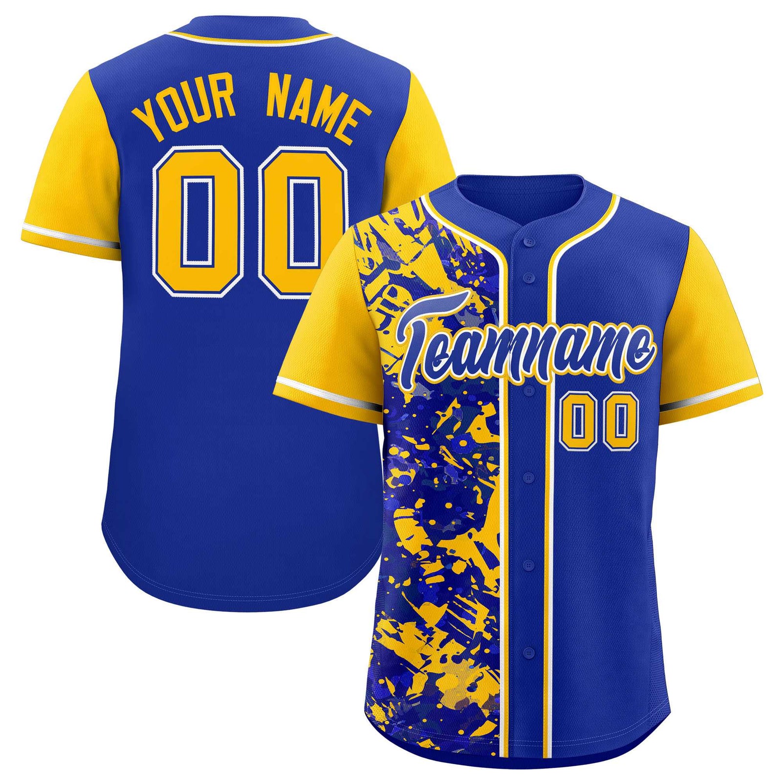 Custom Royal Yellow Split Personalized Graffiti Raglan Sleeve Authentic Baseball Jersey