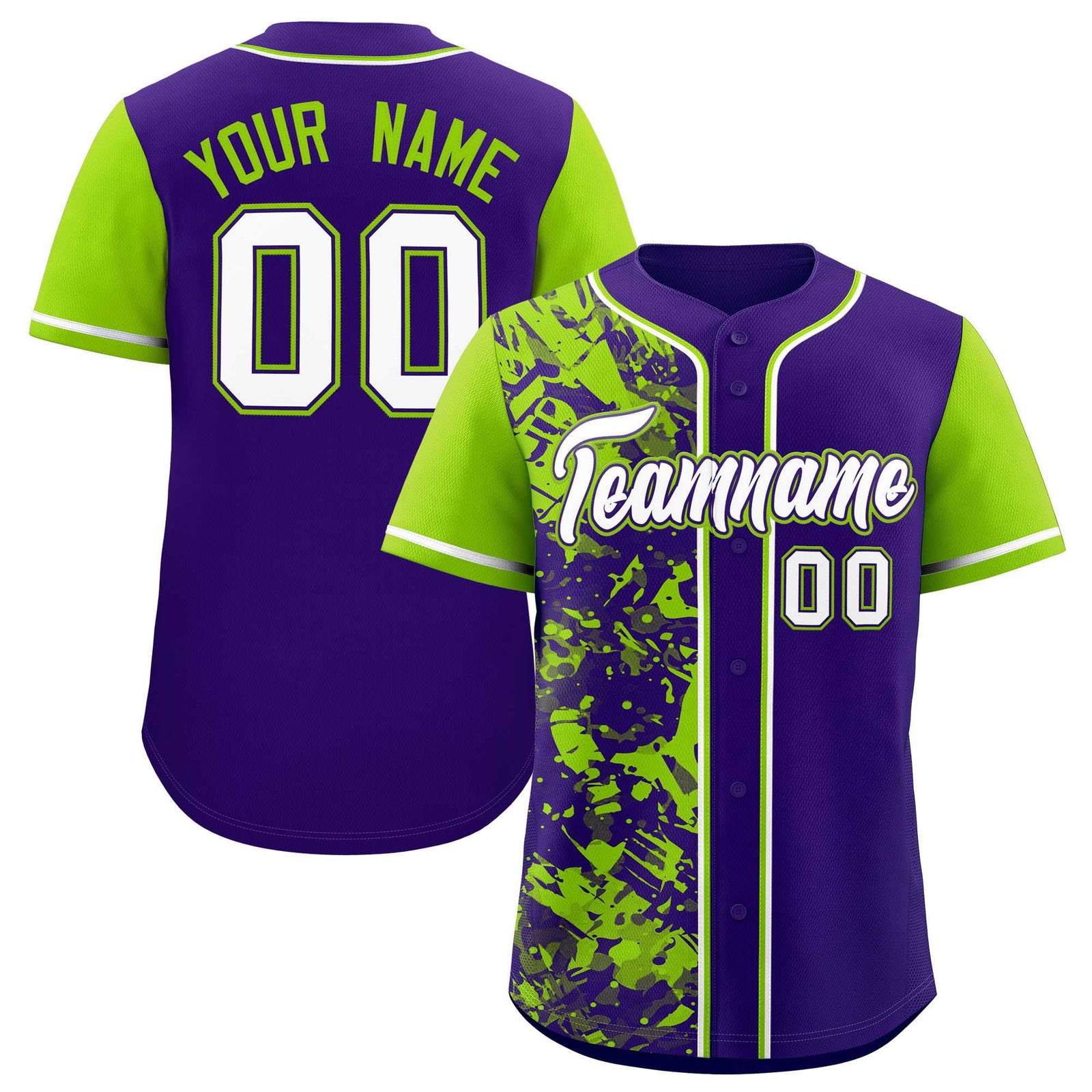 Custom Purple Neon Green Split Personalized Graffiti Raglan Sleeve Authentic Baseball Jersey