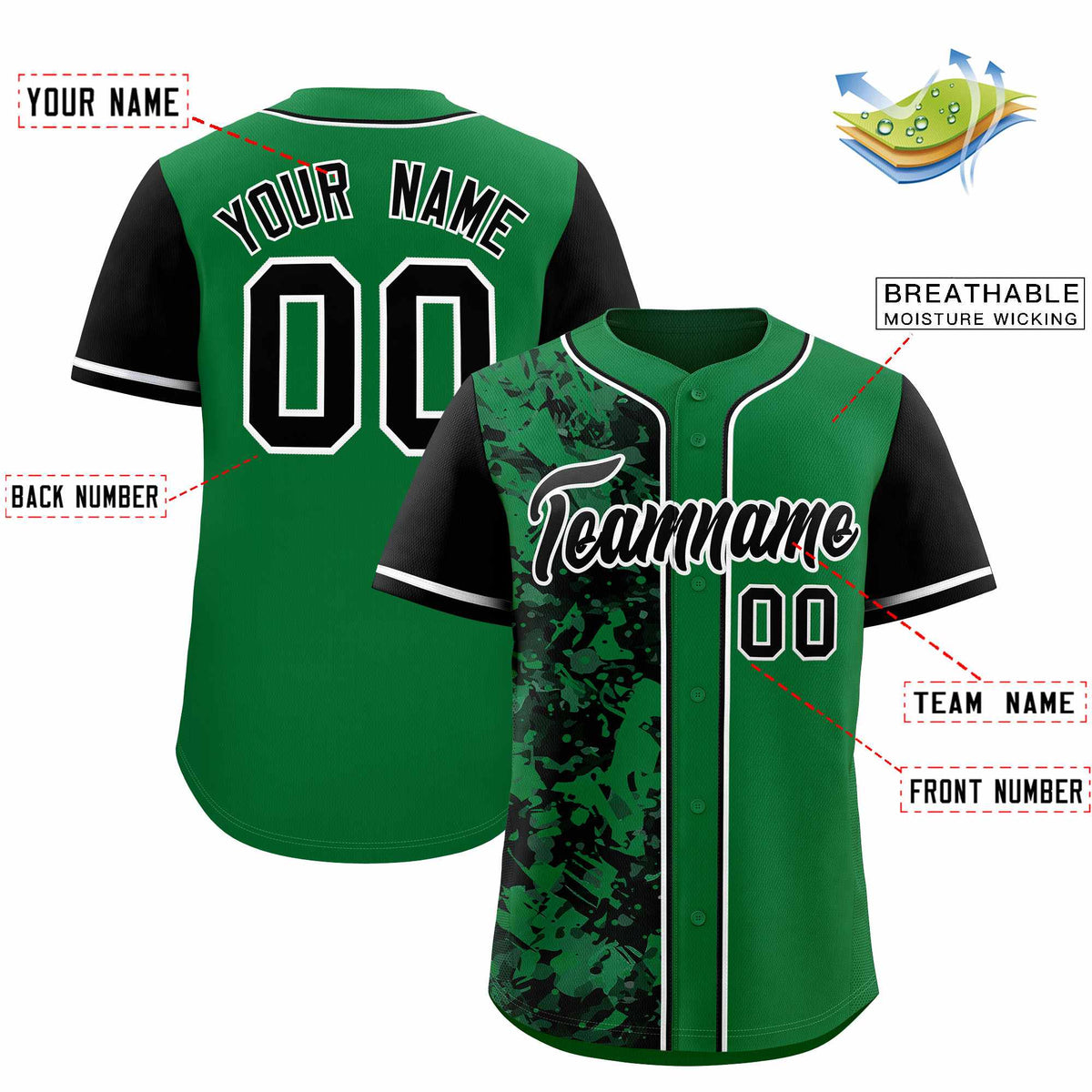 Custom Green Black Split Personalized Graffiti Raglan Sleeve Authentic Baseball Jersey