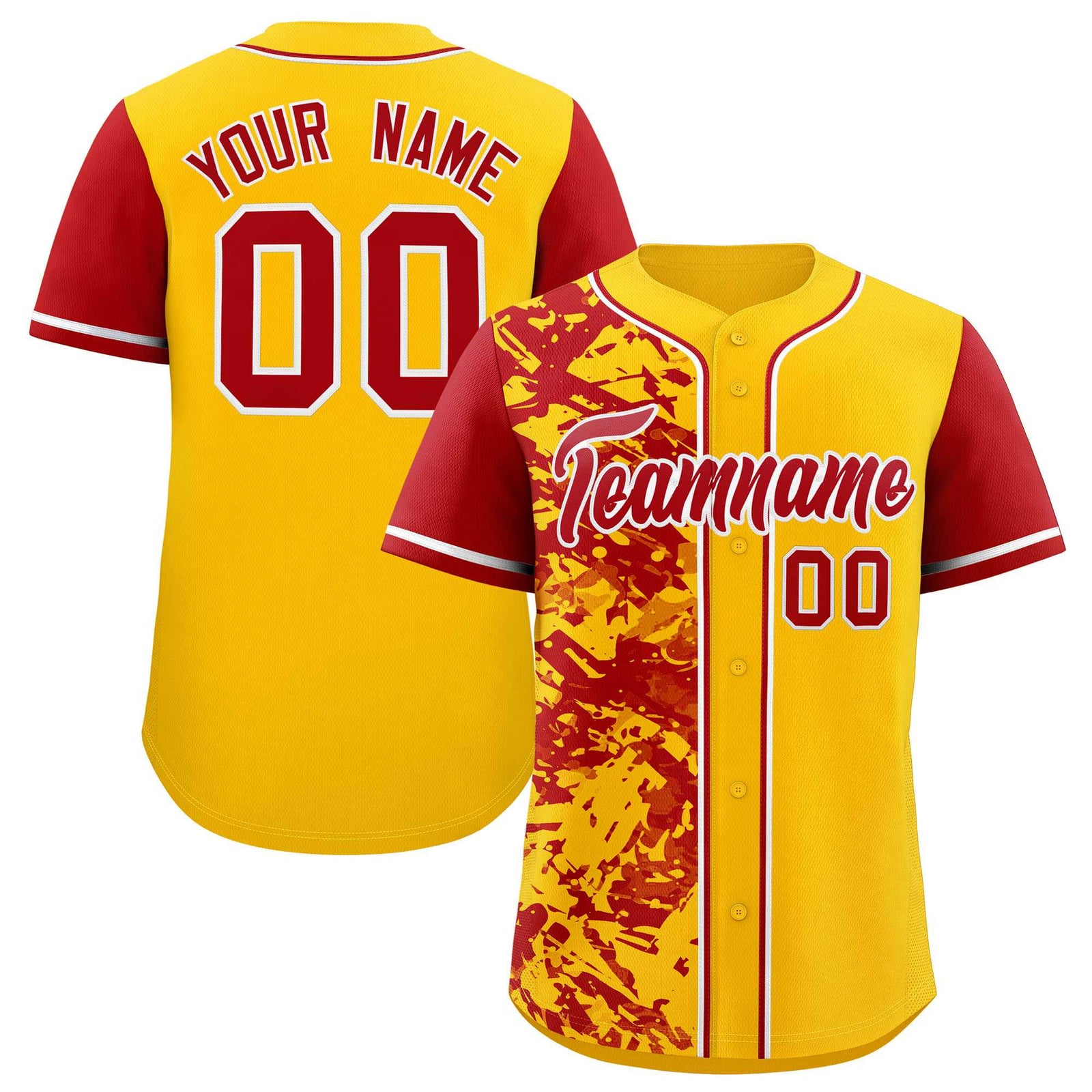 Custom Yellow Red Split Personalized Graffiti Raglan Sleeve Authentic Baseball Jersey