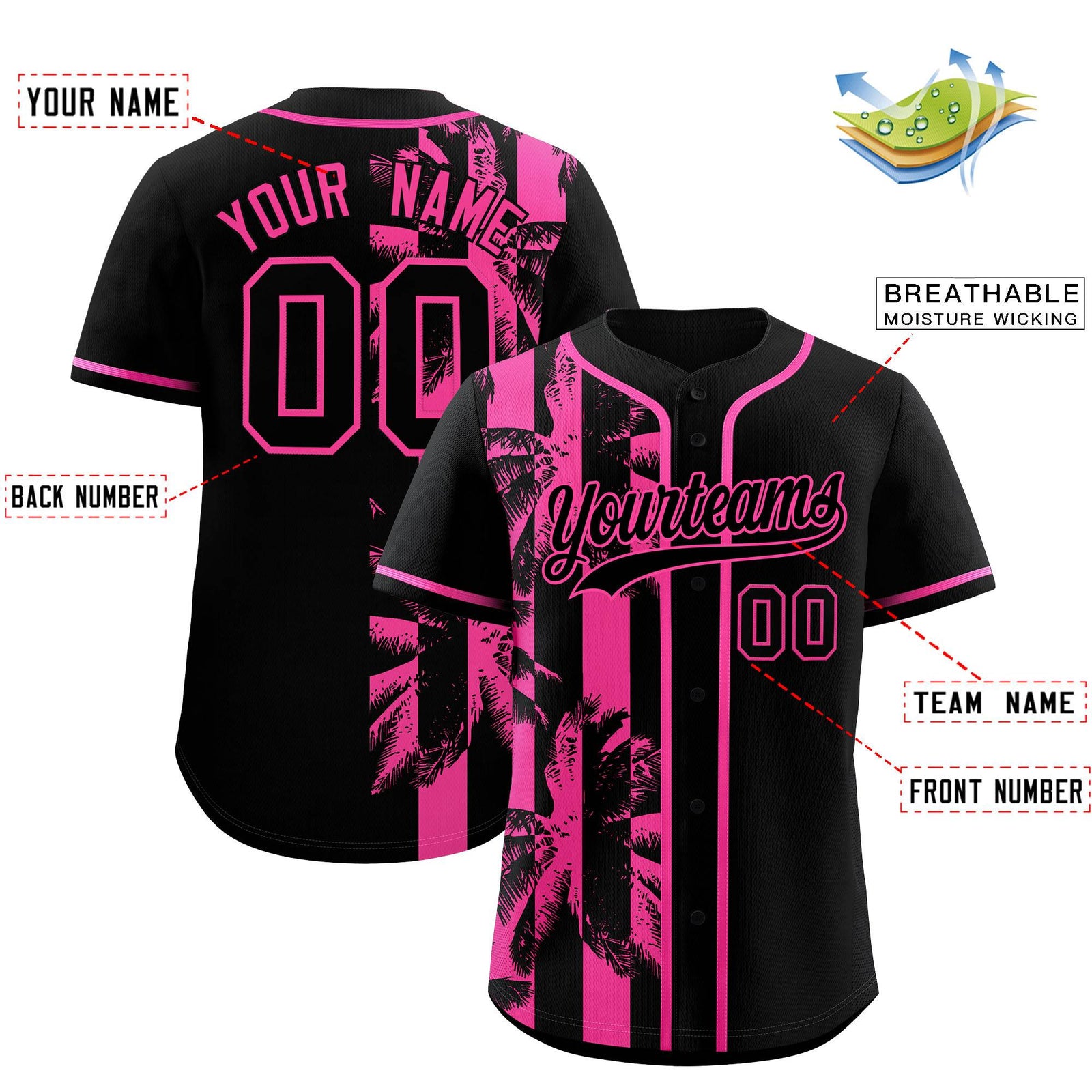 Custom Black Pink Split Fashion Coconut Tree Design Authentic Baseball Jersey